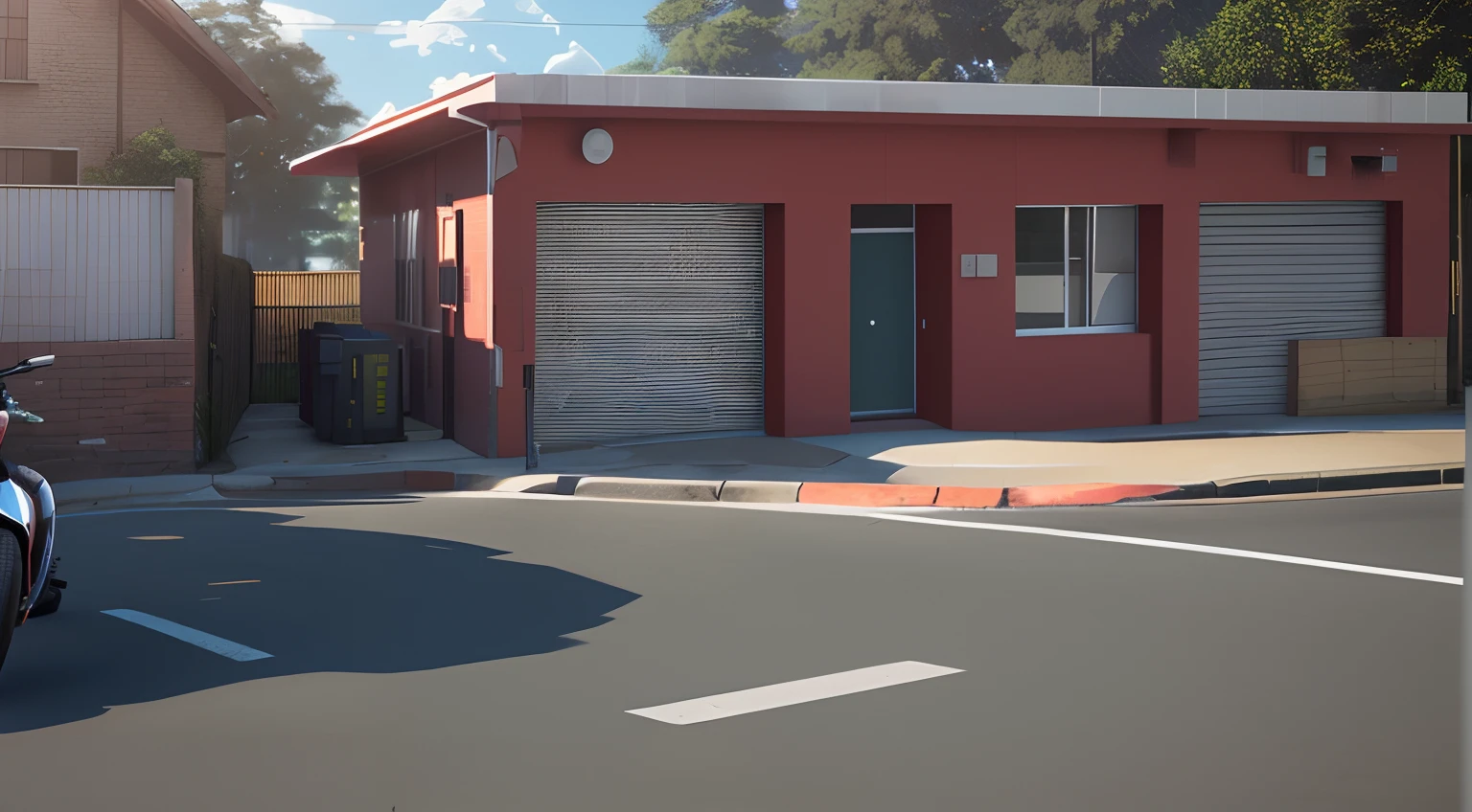 There is a small building with a motorcycle parked in front, renderizado no lumion pro, semi-realistic rendering, fotorrealista 35mm, realista estabelecendo tiro, realistic afternoon lighting, renderizado em lumion, estilo fotorrealista, pintado em anime painter studio, Arruamento fotorrealista, realista estilo 3d, Estilo anime 3D realista
