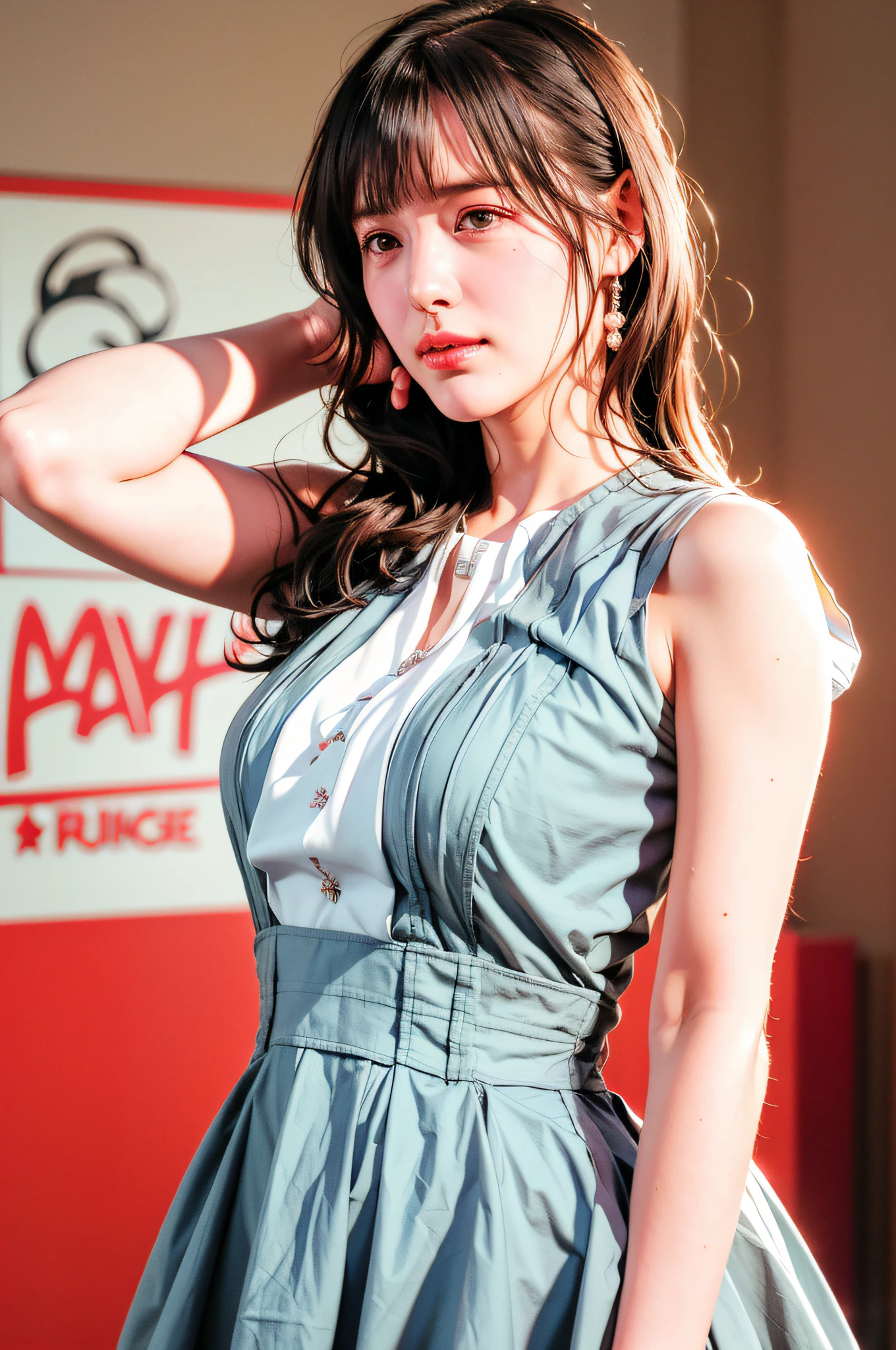Masterpiece, Top quality, (Realistic, Photorealistic: 1.4), (RAW photos: 1.2), Highly detailed CG Unity 8K wallpaper, Very delicate and beautiful, Amazing, Detailed, Official art, Absurd, Incredibly silly, huge file size, very detailed, very elaborate, beautiful eyes and face, beautiful elaborate eyes, light on face, one girl, long hair, (pong) navel, upper body , sleeveless shirt, bare arms, bangs, school, classroom, ulzzang-6500-v1.1