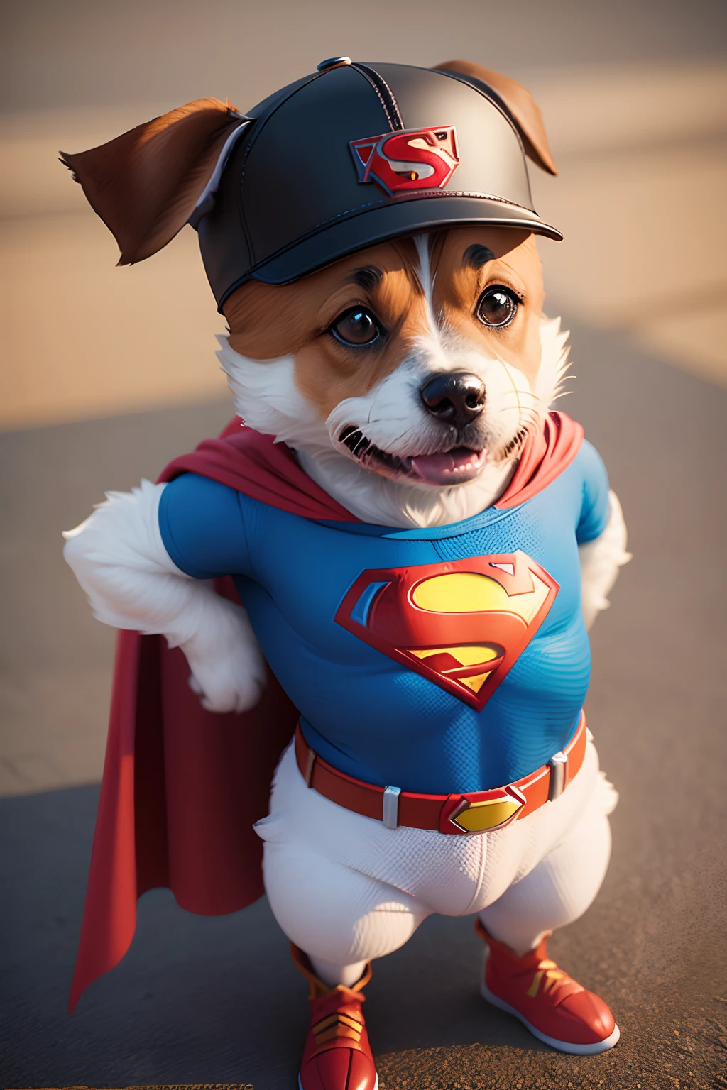 personagem 3d, estilo pixar, jack russel terrier voandao com capa do superman