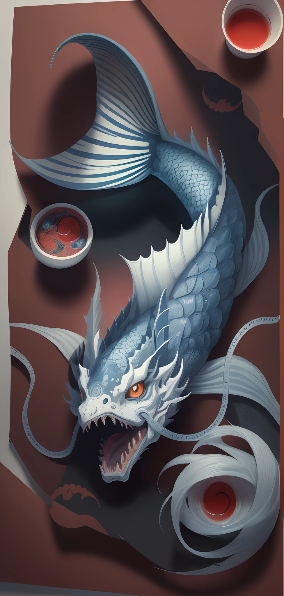 there is a drawing of a fish with a dragon head on it, detailed linework, inspired by Kawanabe Kyōsai, extremely detailed linework, extremely fine ink lineart, loose linework, detailed line work, sharp linework, inspired by Kameda Bōsai, insanely detailed linework, highly detailed linework, very fine inking lines
