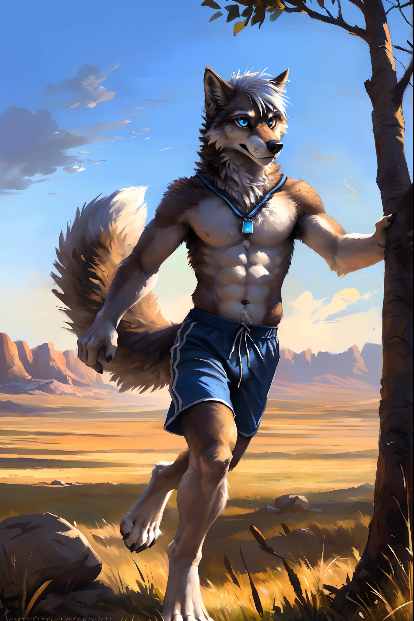 ((Solo)), male people, anthro wolf, (Multi-colored fur, White-brown:1.3，White tail pointed), ((Wolf face, White hair, Big eyes, White eyelids, Blue pupil, Slim:1.2) (Tough, Calm expression:1.2)), Abs, Slim, pinging)), (Correct anatomy), (Work shorts:1.1), The upper body is naked, (detailed outfits),A big tail，Feet，(Realistic fur, Detailed fur texture, labeled:1.3)), (Natural lighting), Photorealistic, Hyperrealistic, ultradetailed, by Kenket，Endless grasslands，There are no trees，There are no big stones，No artificiality，erect through，Running on