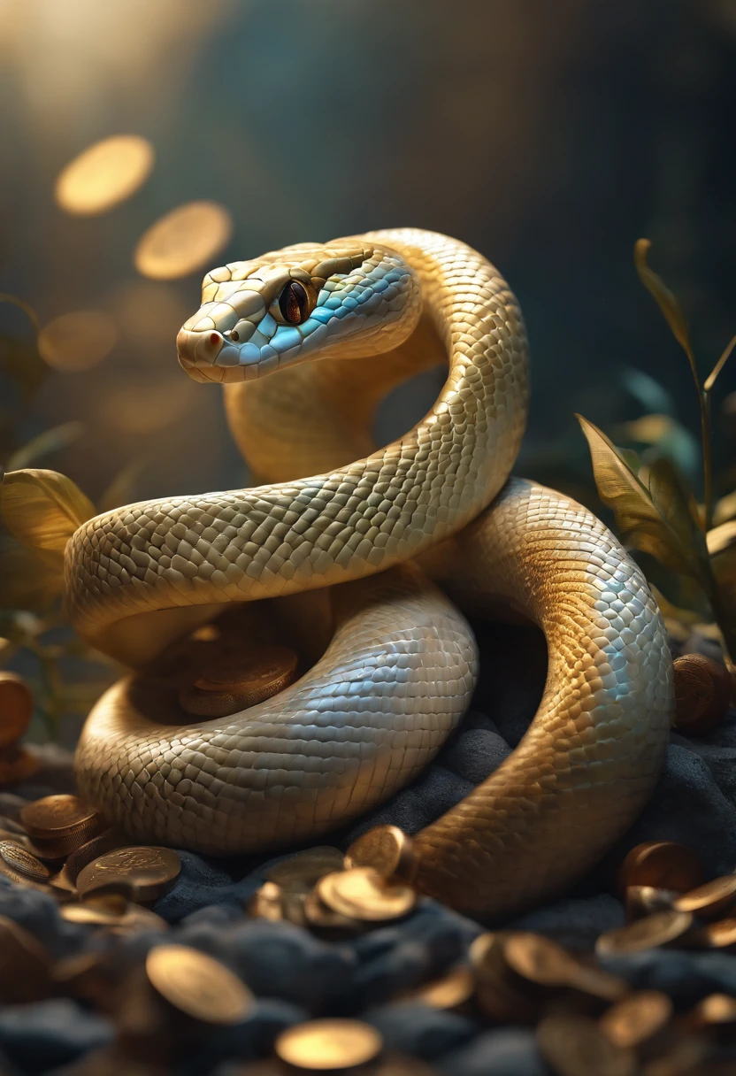 "Very beautiful 3d rendered white snake,Representation of dynamics, Vivid effects and details,Top image quality,hight resolution,plethora of colors,Stunning light and shadow effects, Pile of Coins, Treasure"