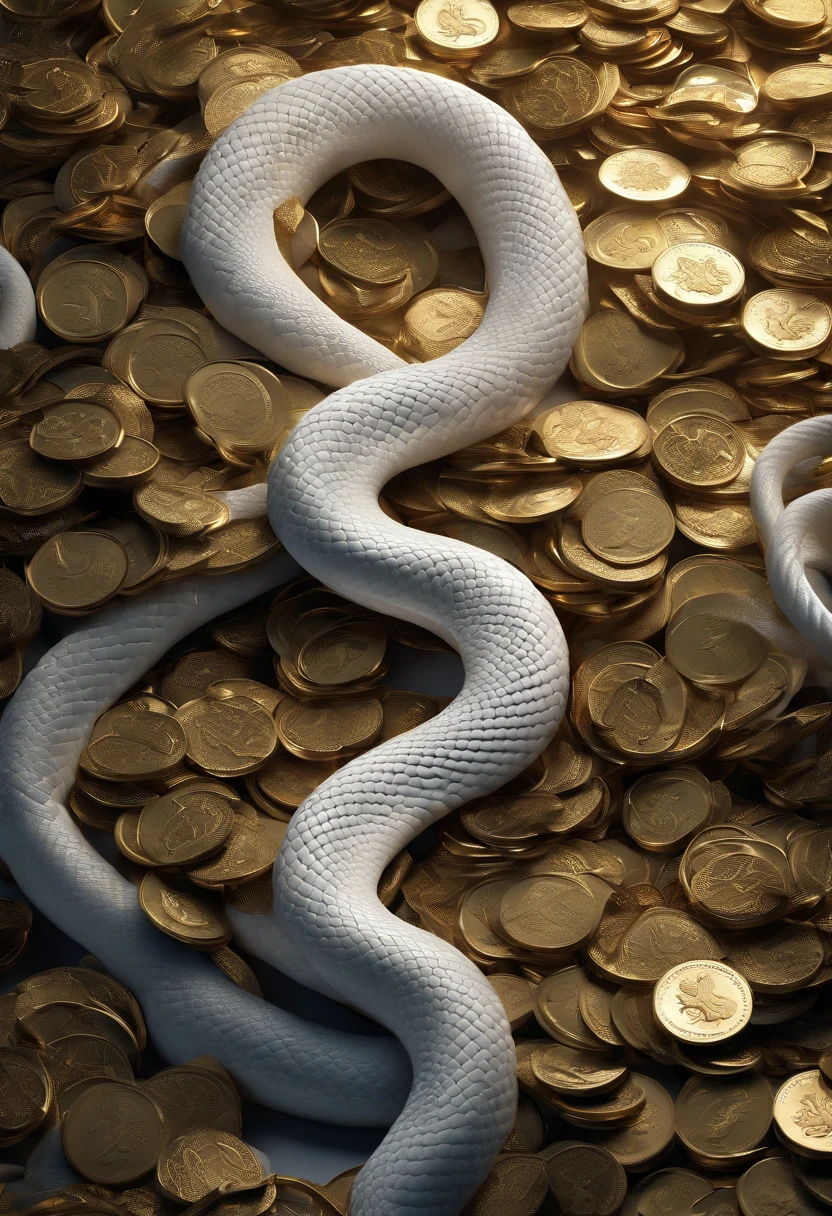 "Very beautiful 3d rendered white snake，Representation of dynamics, Vivid effects and details，Top image quality，hight resolution，plethora of colors，Stunning light and shadow effects,　Pile of Coins, Treasure"