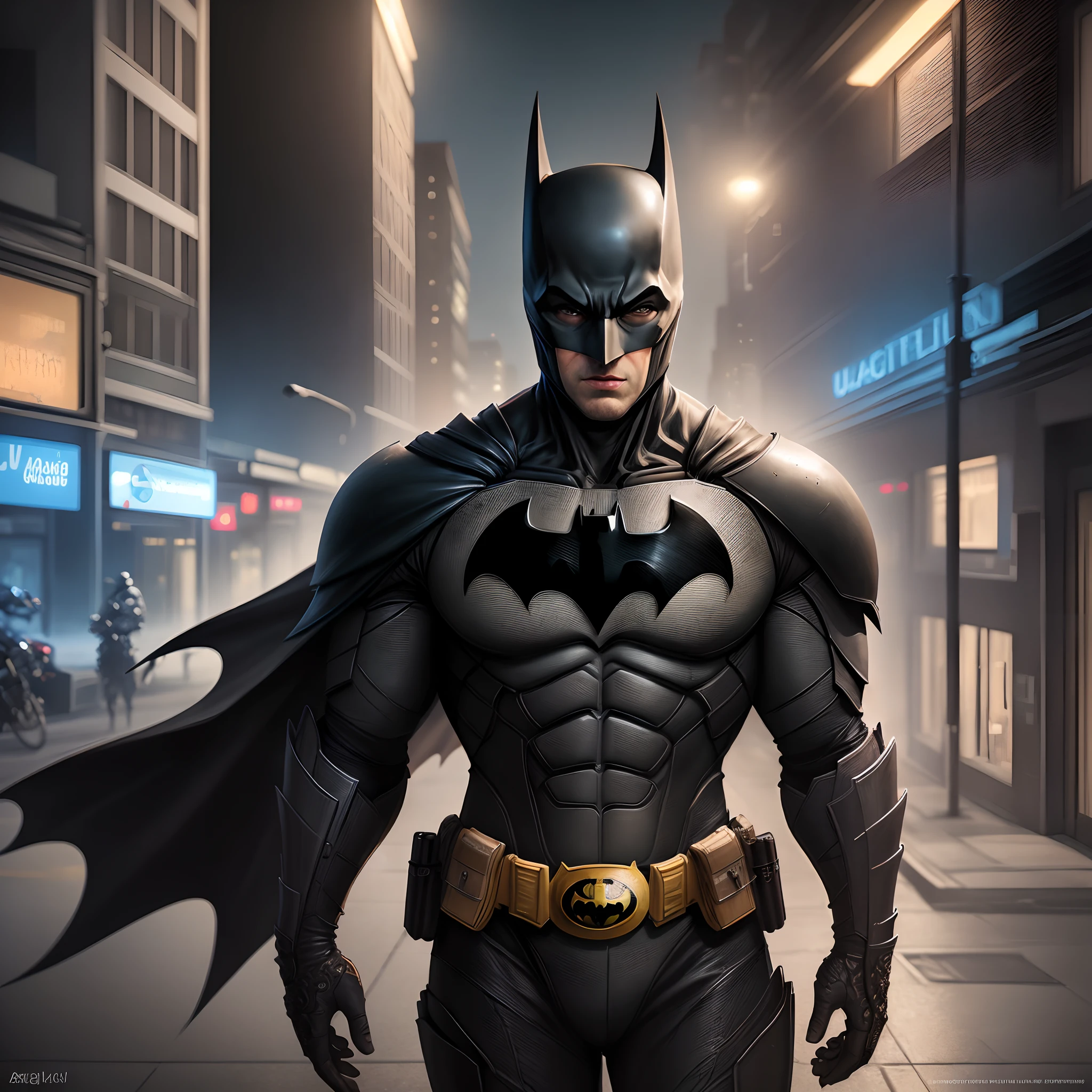 Portrait painting of batman with black leather armor, ultra realistic, concept art, intricate details, eerie, highly detailed, photorealistic, octane render, 8 k, unreal engine. art by artgerm and Jim Lee, Pen and Ink Drawing, City Scape, Full Body, Night time
