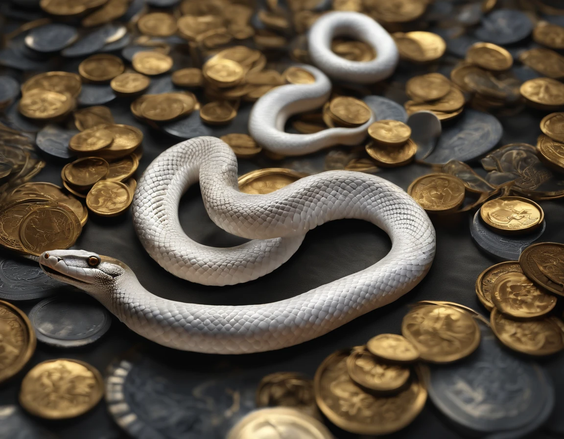 "Very beautiful 3d rendered white snake，Representation of dynamics, Vivid effects and details，Top image quality，hight resolution，plethora of colors，Stunning light and shadow effects,　Pile of Coins, Treasure"