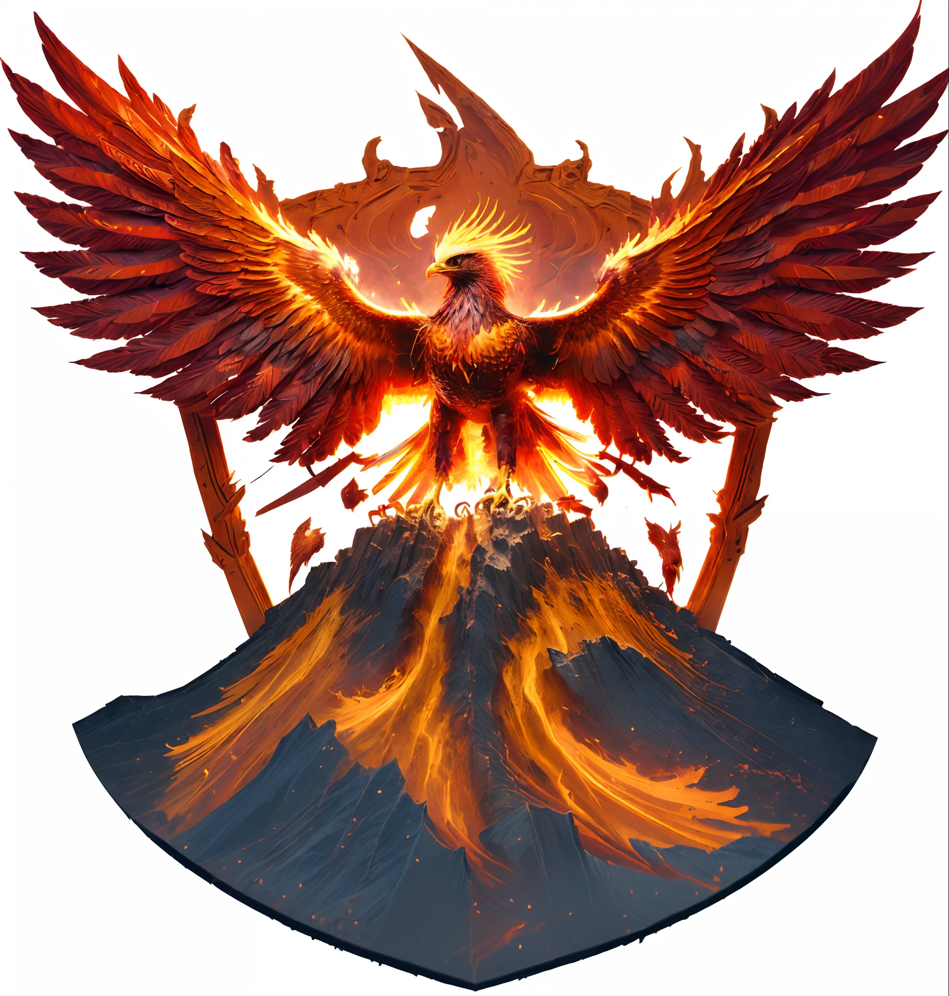 a cartoon image of a bird with a red and yellow tail, phoenix rising from the ashes, phoenix in fire, artwork of a phoenix, phoenix head. burning wax, with an eagle emblem, phoenix rising, phoenix head, flying scarlet phoenix, phoenix-inspired, eagle logo, volcano, marco the phoenix, logo art, volcano exploding, illustration of an angry rooster