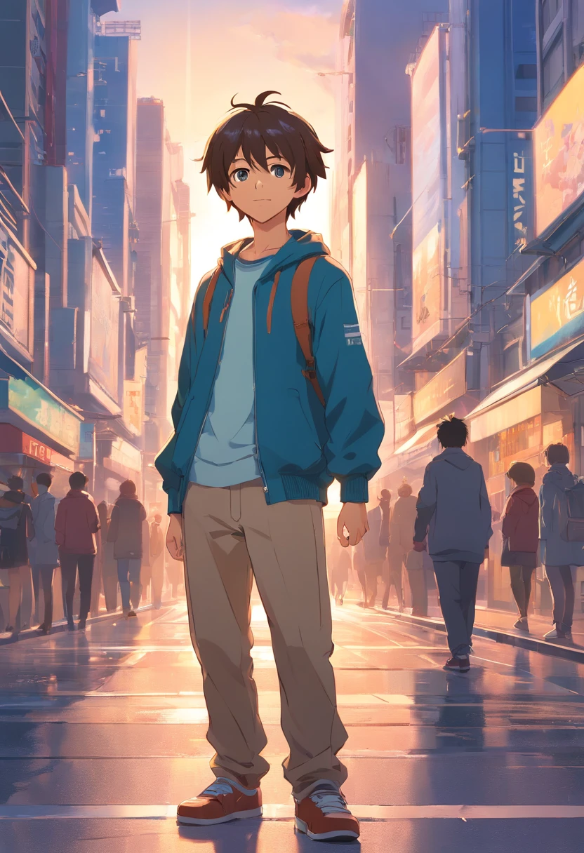 A boy, transformed into an anime style, with exaggerated unique facial features and clothing, standing on a bustling city street, backlit background highlighting the subject, high-contrast colors, 4K high-definition quality,young, smiling, handsome