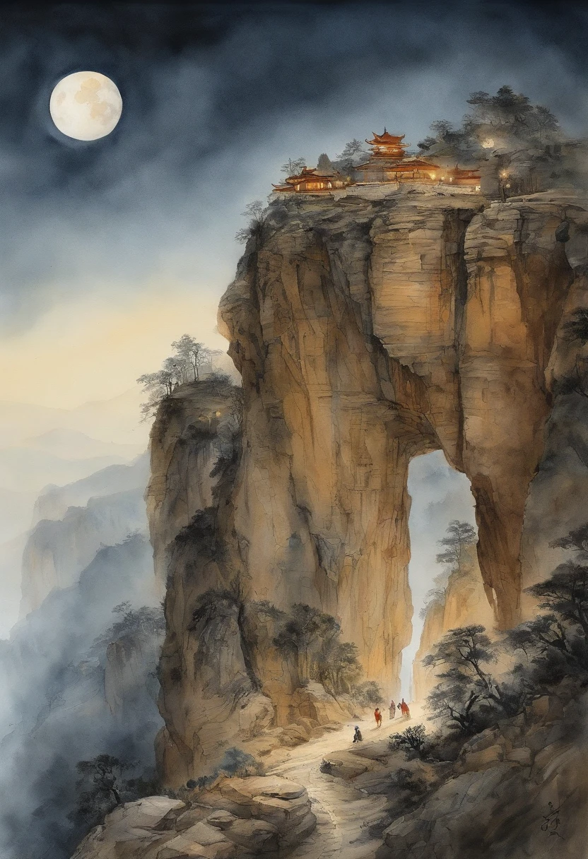 (Tang Feng),(A cliff illuminated by a huge moon),Ultra-long-range viewing angle,No Man,scenecy,the detail
