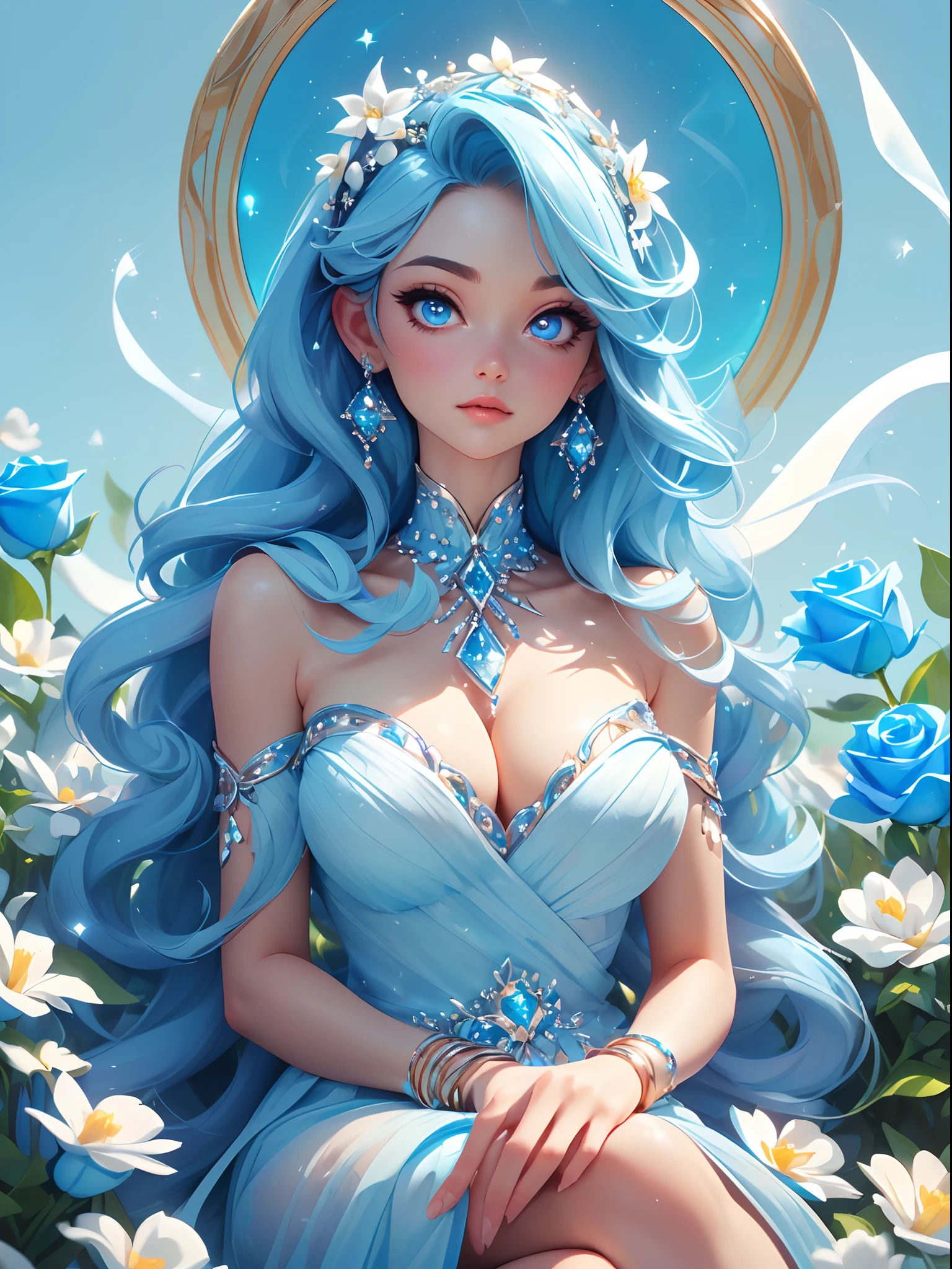 ((a close body portrait of an attractive beautiful goddess sitting beside many blue rose flowers)), ((dressed in a long linen blue dress with decorations of crystal light blue pieces of jewelry and white flower pin to her hair.)) she has blue crystal eyes and long light blue hair sliding straight down her back)), (capture the scene and the ethereal grace of her surroundings, blue rose flowers, wearing diamond crystal earrings, and the blue stars up the far sky), best lighting effects, high quality, best quality, sharp focus, hyperdetailed, 8K, vibrant colors