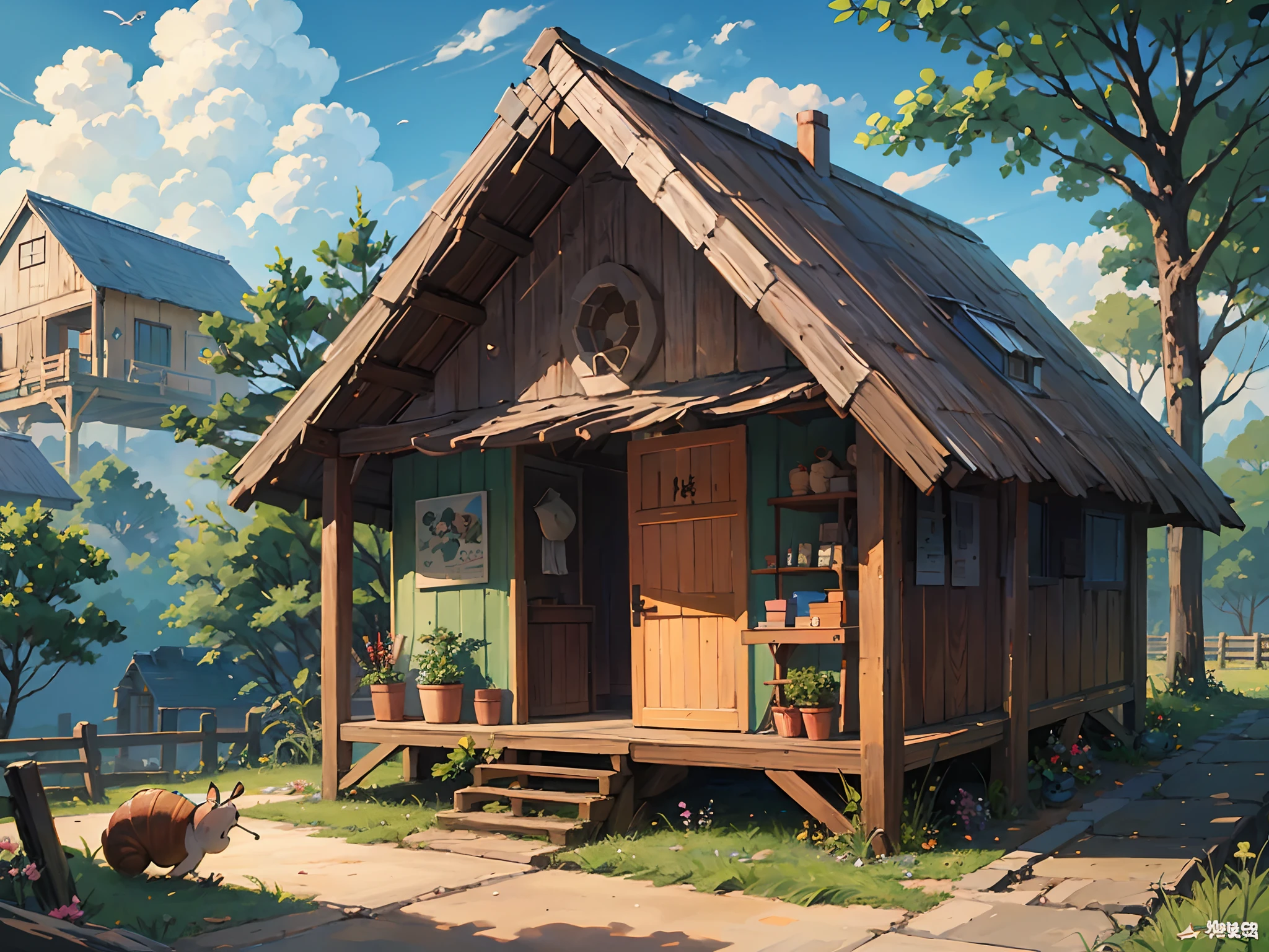 Miyazaki cartoon style，A hut in the shape of a snail，4k画质 --auto --s2