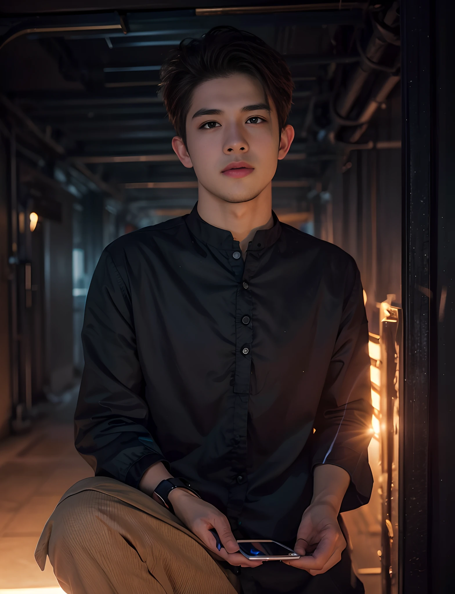 boy with mobile futuristic background realistic face real face Don't change my face original face 8k high quality
