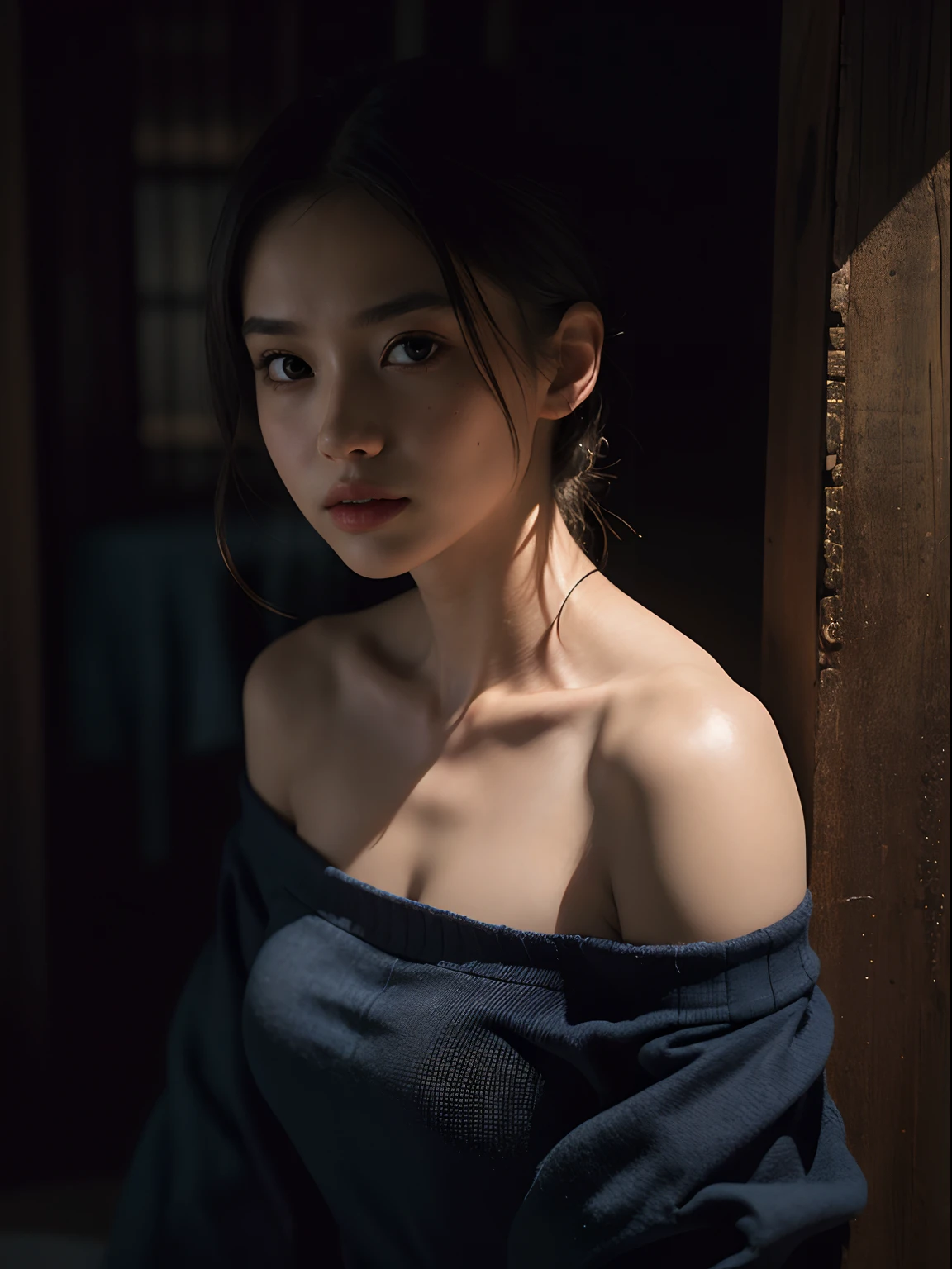 Best quality, masterpiece, ultra high res, (photorealistic:1.4), 1girl, offshoulder, in the dark, deep shadow, low key