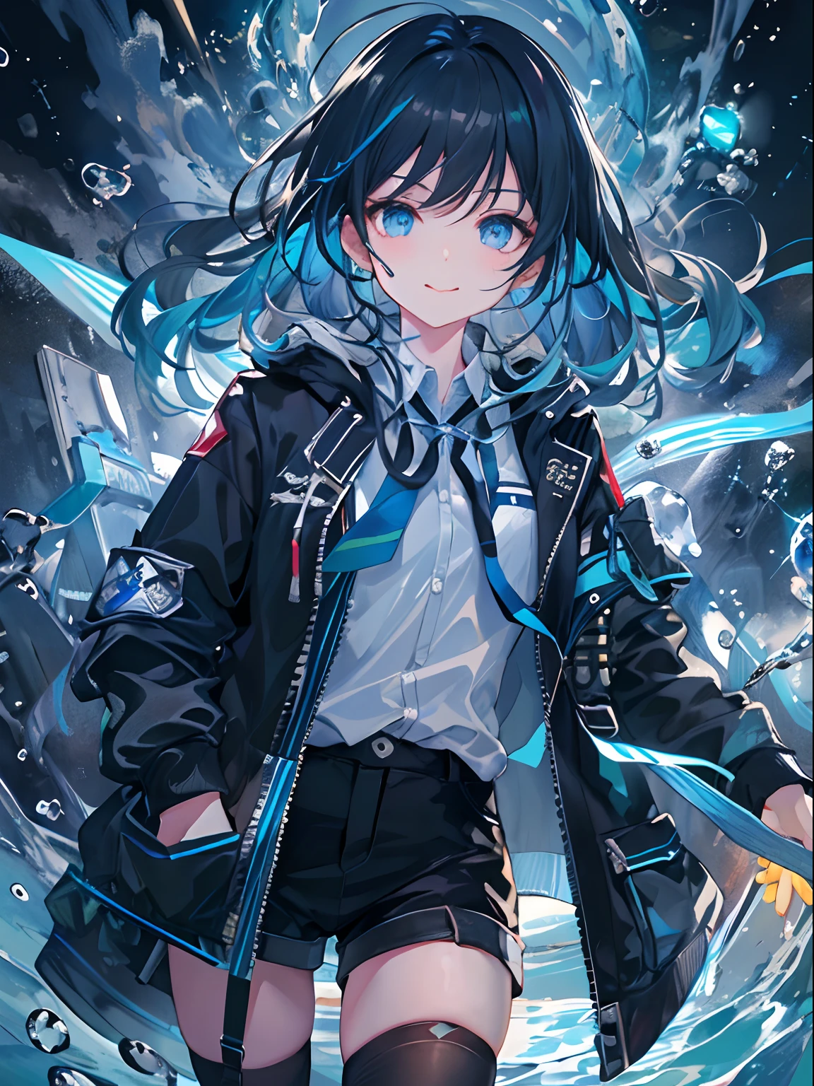 ((top-quality)), ((​masterpiece)), ((ultra-detailliert)), (extremely delicate and beautiful), girl with, 独奏, cold attitude,((Black jacket)),She is very(relax)with  the(Settled down)Looks,A dark-haired, depth of fields,evil smile,Bubble, under the water, Air bubble,bright light blue eyes,Inner color with black hair and light blue tips,Cold background,Bob Hair - Linear Art, shortpants、knee high socks、White uniform like school uniform、Light blue ribbon ties、Clothes are sheer、Hands in pockets、Bright eyes like sapphires,flourescent blue, There was a little blue light floating around, stick out tongue