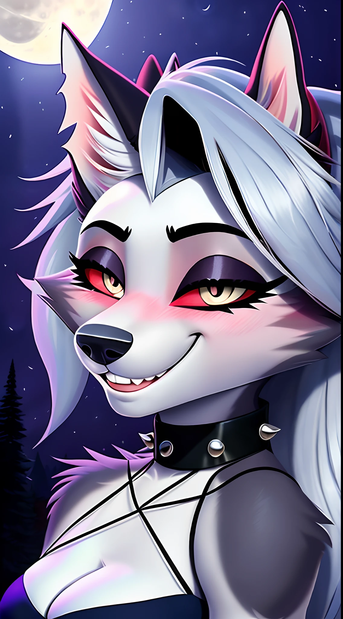 Von iskra, von wolfy-nail, Helluva Boss, Loona Hellhound, Loona, Loona from Helluva Boss, weiblich, (detailliert), Ansicht des Betrachers, flauschig, niedlich schauend, verlegend schauend, (((at night))), (((slight blushing))), (((cute smile))), (((full moon ))), happy, detailliert, (((detailed eyes))), looks happy, Blick auf den Betrachter, (detailliert), flauschig, high resolution, fotorealistisch, detailliertes Fell, beautiful, (((masterpiece))), (((best quality))), detailled image, ((reflective lighting)), ((detailed shading)), (((only headshot))), (((headshot)))