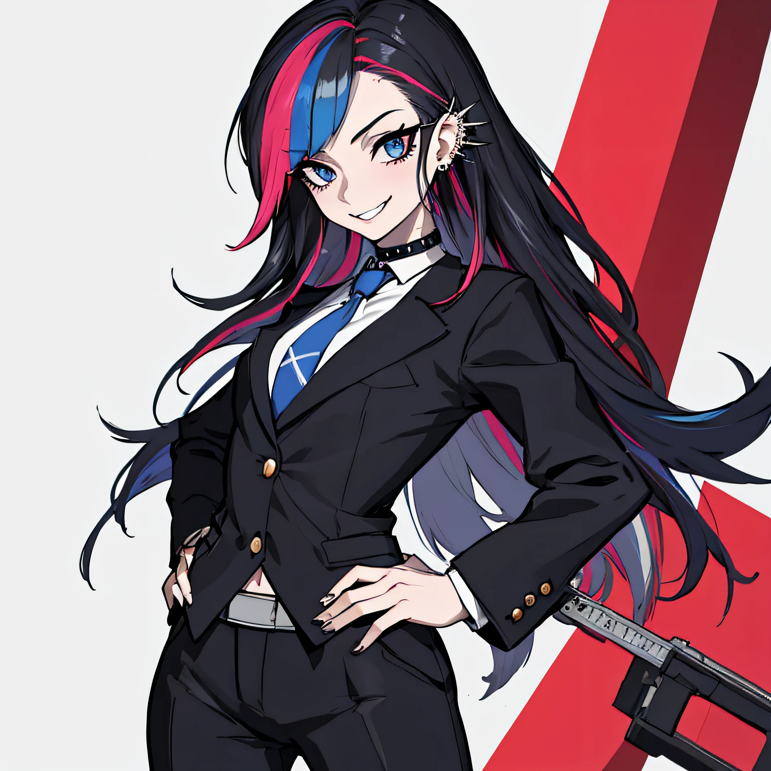 (absurdres, 8k, 4k, masterpiece, hyper extreme detailed:1.2), solo, 1girl, front view, perfect face, 1girl, portrait, expressive eyes, solo, standing, Female, perfect hands, pale skin, friendly, excited, punk rock, Long Hair, Multicolored Hair, black choker, black lipstick, Piercings, Ear Piercings, Lip Piercings, Nose Piercings, small Bust, smile, suit, business attire, suit pants, white collar shirt, unbuttoned, blazer, tie, vest, fedora, cuffs, handkerchief, half body, perfect anatomy, hands on hips, cuffs, anatomically correct, cowboy shot, no background, empty background, arms behind back, covered chest, white background, exposed shoulder,