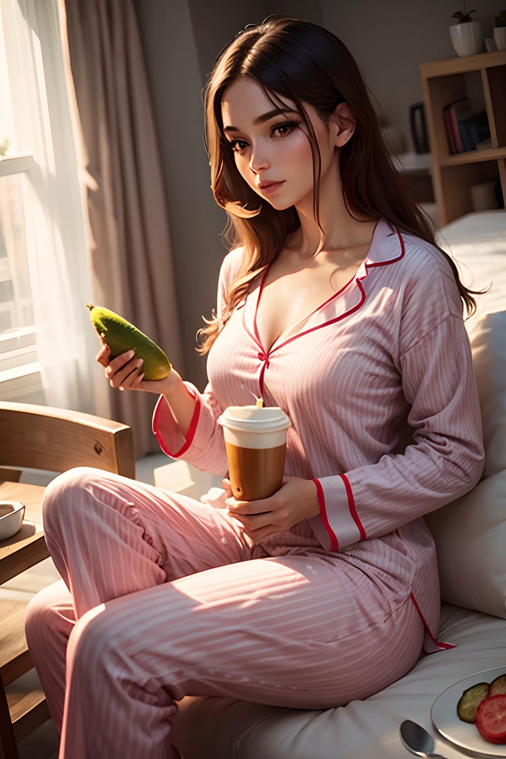 Beautiful woman in pajamas eating a cucumber and drinking coffee
