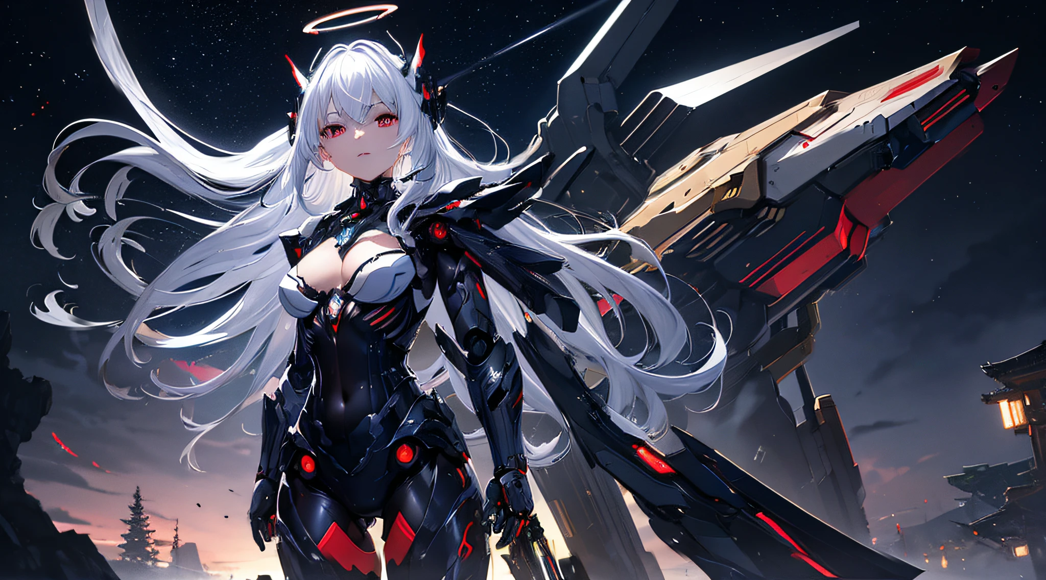 masterpiece,best quality,ultra-detailed,very detailed illustrations,extremely detailed,intricate details,highres,super complex details,extremely detailed 8k cg wallpaper,cowboy shot, caustics,reflection,ray tracing,demontheme,nebula,dark aura,cyber effect, (1girl:1.4),solo,alone,mecha musume,mechanical parts, robot joints,single mechanical arm, headgear, mechanical halo,star halo,intricate mechanical bodysuit, mecha corset, kimono, full armor, very long hair,white hair, hair between eyes, multicolored hair, colored inner hair, red eyes,glowing eye,eye trail, random expressions,random action, ancient japanese architecture,pond, starry sky,skyline,