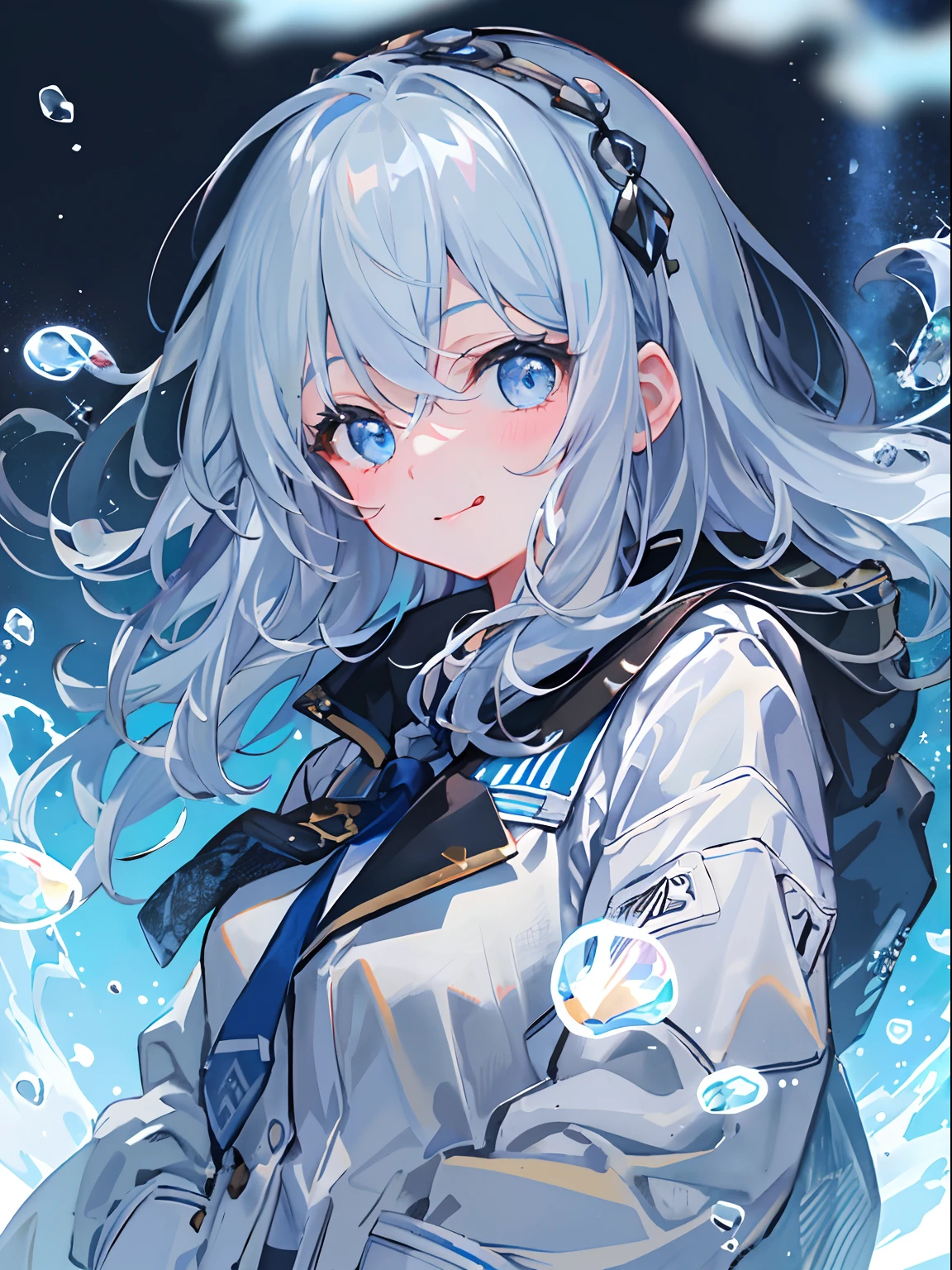((top-quality)), ((masterpiece)), ((ultra-detailliert)), (extremely delicate and beautiful), girl with, 独奏, cold attitude,((Black jacket)),She is very(relax)with the(Settled down)Looks, depth of fields,evil smile,Bubble, under the water, Air bubble,bright light blue eyes,Inner color with light white hair and and light blue tips,Cold background,Bob Hair - Linear Art, shortpants、knee high socks、White uniform like school uniform、Light blue ribbon ties、Clothes are sheer、Hands in pockets、Bright eyes like sapphires,flourescent blue, There was a little blue light floating around、Upper eyes、stick out tongue