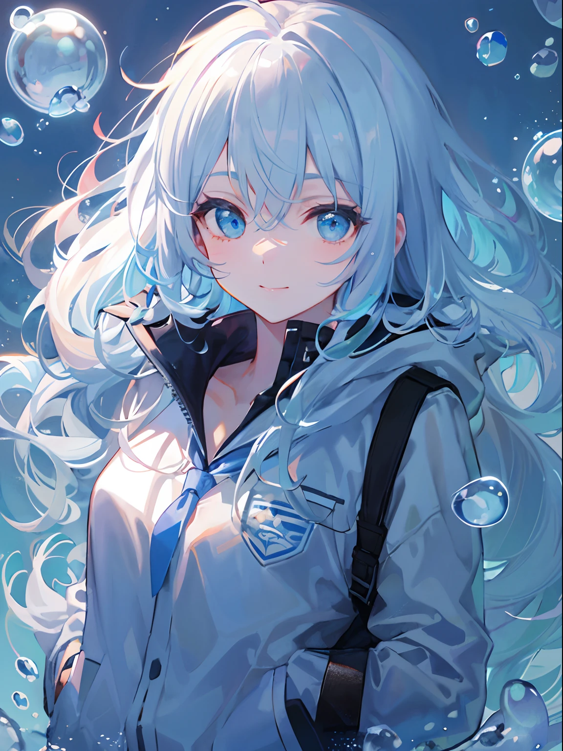 ((top-quality)), ((​masterpiece)), ((ultra-detailliert)), (extremely delicate and beautiful), girl with, 独奏, cold attitude,((Black jacket)),She is very(relax)with the(Settled down)Looks,A dark-haired, depth of fields,evil smile,Bubble, under the water, Air bubble,bright light blue eyes,Inner color with light white hair and and light blue tips,Cold background,Bob Hair - Linear Art, shortpants、knee high socks、White uniform like school uniform、Light blue ribbon ties、Clothes are sheer、Hands in pockets、Bright eyes like sapphires,flourescent blue, There was a little blue light floating around、Upper eyes、