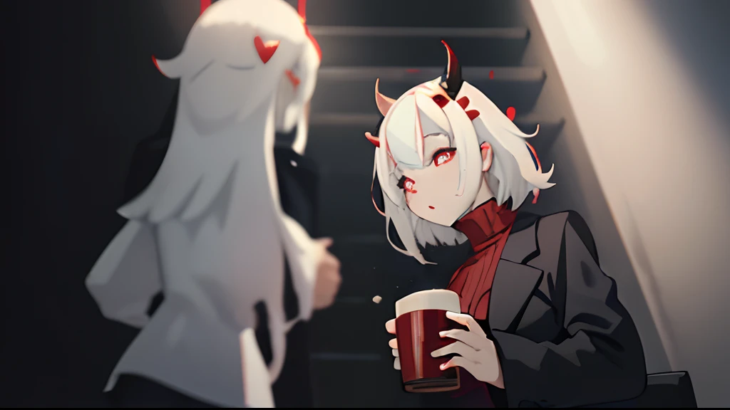 Masterpiece, (1 girl) Best Quality, htModeus, (demon tail), red ribbed sweater,high neck, black skirt, black jacket, black horns, toasting with a mug of beer in hand, red eyes, (((white hair))),medium short hair, trumpets, hearts, (heart-shaped pupils), pantyhose, black mid-calf stockings(twists, high detal, Film photography, Soft focus, RAW candid cinema, analogue style, Subsurface scattering, masutepiece, best quality, 8K)