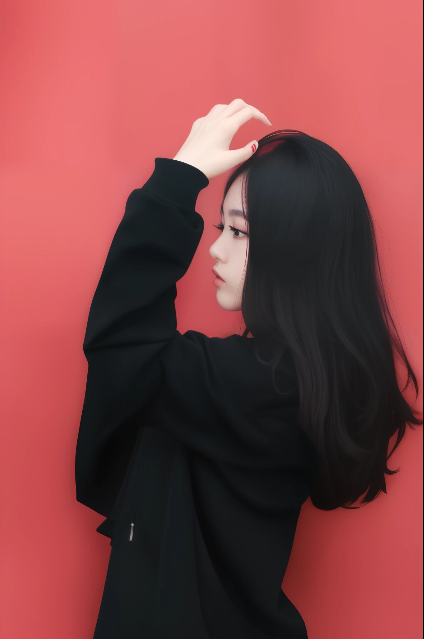 hyper HD,Photoquality,8K,A beautiful Chinese girl,Stand sideways in front of the red wall,cabelos preto e longos,Big waves,largeeyes,black hoodie,White skin of the,lips in red,Colorful watercolor style