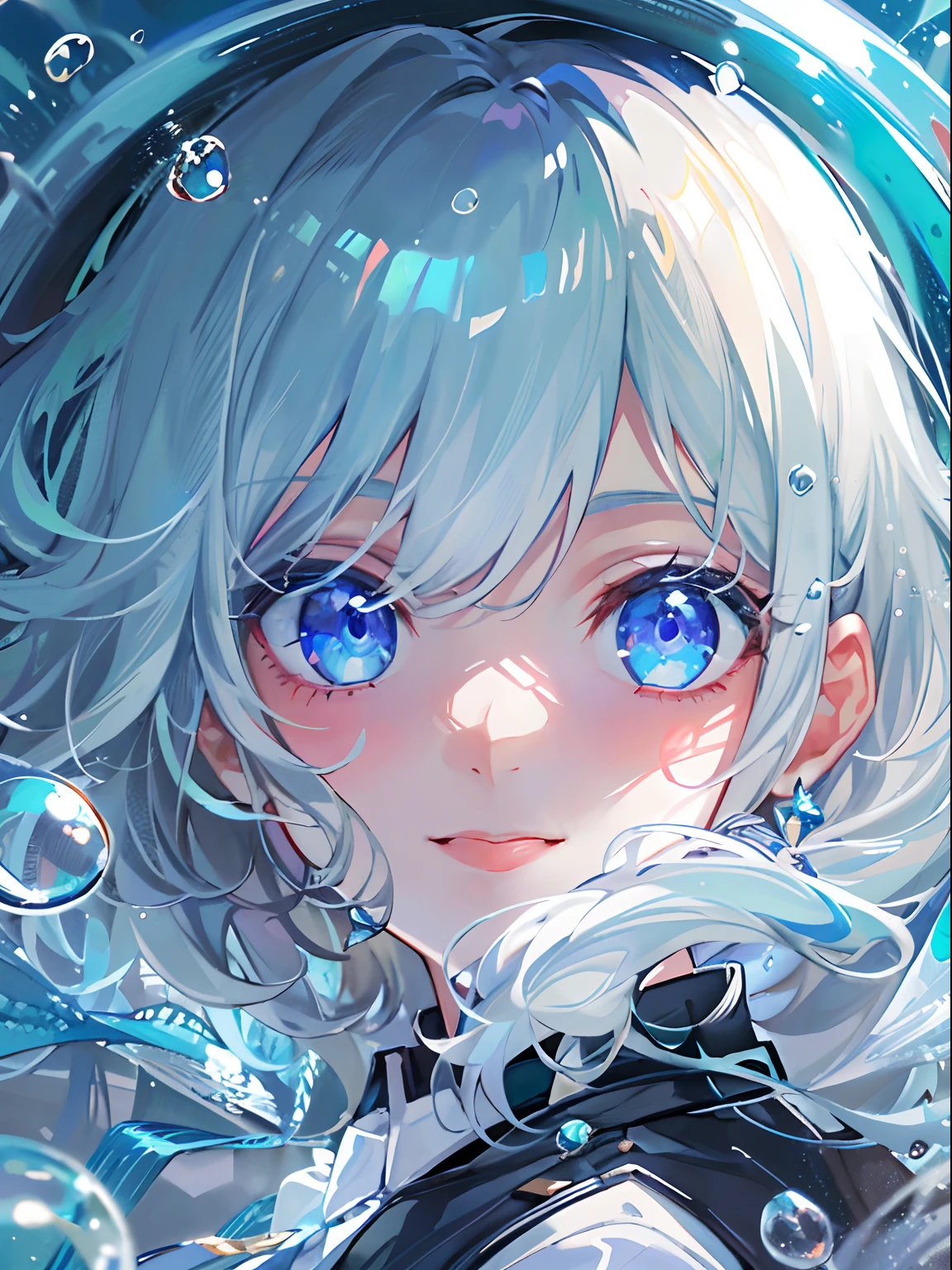 ((top-quality)), ((masterpiece)), ((ultra-detailliert)), (extremely delicate and beautiful), girl with, 独奏, cold attitude,((Black jacket)),She is very(relax)with the(Settled down)Looks, depth of fields,evil smile,Bubble, under the water, Air bubble,bright light blue eyes,Inner color with light white hair and and light blue tips,Cold background,Bob Hair - Linear Art, shortpants、knee high socks、White uniform like school uniform、Light blue ribbon ties、Clothes are sheer、Hands in pockets、Bright eyes like sapphires,flourescent blue, There was a little blue light floating around、Upper eyes、stick out tongue