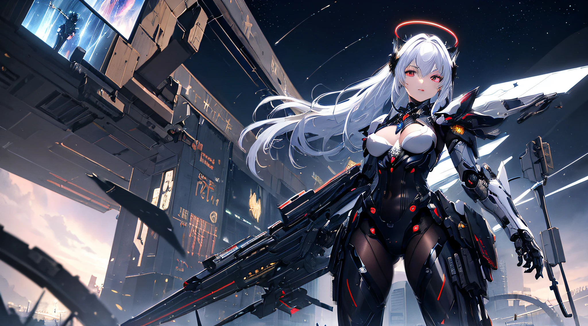 masterpiece,best quality,ultra-detailed,very detailed illustrations,extremely detailed,intricate details,highres,super complex details,extremely detailed 8k cg wallpaper,cowboy shot, caustics,reflection,ray tracing,demontheme,nebula,dark aura,cyber effect, (1girl:1.4),solo,alone,mecha musume,mechanical parts, robot joints,single mechanical arm, headgear, mechanical halo,star halo,intricate mechanical bodysuit, mecha corset, kimono, full armor, very long hair,white hair, hair between eyes, multicolored hair, colored inner hair, red eyes,glowing eye,eye trail, random expressions,random action, ancient japanese architecture,pond, starry sky,skyline,