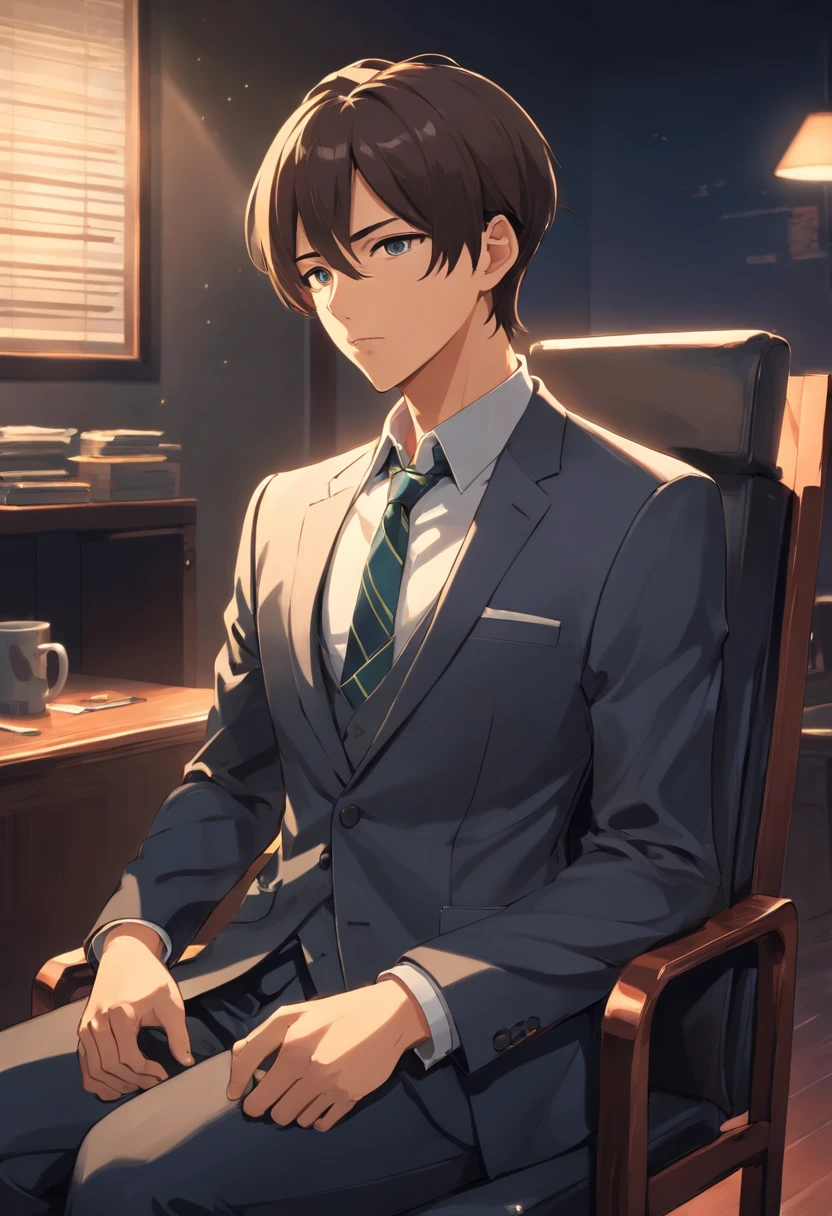 A male, 24 years old, Wearing a suit tied to a chair, Extremely dark room, mobster, Mafia, Black style, Head down, angle from side