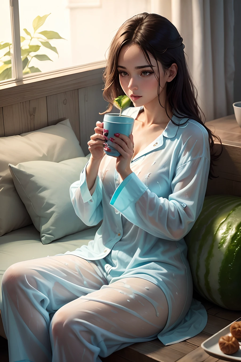 Beautiful woman in wet from rain pajamas eating a cucumber and drinking coffee