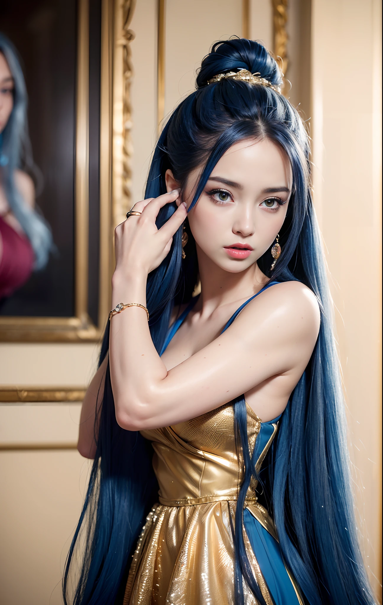 ((realisticity: 1.2)), ((realistic: 8K UHD)), ((best resolution: 8K UHD)), hyper detailed, best quality,masterpiece,highres,cg, ((1 girl hyper detailed and hyper realistic) ) , ((beautiful queen, hyper realistic and hyper detailed)),((white skin, beautiful, smooth, youthful, hyper realistic and hyper detailed )), ((Face hyper beautiful, white, hyper realistic and hyper detailed ) ), long hair, ((hyper realistic and hyper detailed dress)), solo, ((hyper realistic, hyper beautiful, beautiful and hyper detailed jewelry)), ((hyper beautiful deep red and golden yellow dress, hyper realistic and hyper detailed )) , ((Her pretty, hyper realistic, hyper detailed diamond filled earrings)), ((Her gorgeous diamond haircut, hyper realistic and hyper detailed)), ((hyper pretty upper body, hyper beautiful, hyper realistic and hyper detailed) ), ((medium breast: 1.1)), ((hyper realistic, hyper pretty, hyper detailed boobs)), ((the backgroun of the royal palace is hyper majestic, hyper realistic and hyper detailed)),((hands and palms hyper beautiful, hyper detailed, hyper realistic)), ((hyper detailed and hyper realistic fingers and fingernails)), ((hyper pretty fingernails, hyper vivid, hyper detailed, hyper realistic)), ((thumb, index finger, middle finger, ring finger, little finger hyper vivid, hyper pretty, hyper detailed, hyper realistic)), ((hyper beautiful fingers, hyper detailed, and hyper realistic)), ((posture not too fat and not too thin, hyper realistic, hyper detail)), ((hyper pretty, hyper pretty, hyper realistic and hyper detailed hair bun)), ((hyper pretty , hyper realistic and hyper detailed blue hair)), candid, Photo, high resolution, 8k , bokeh,