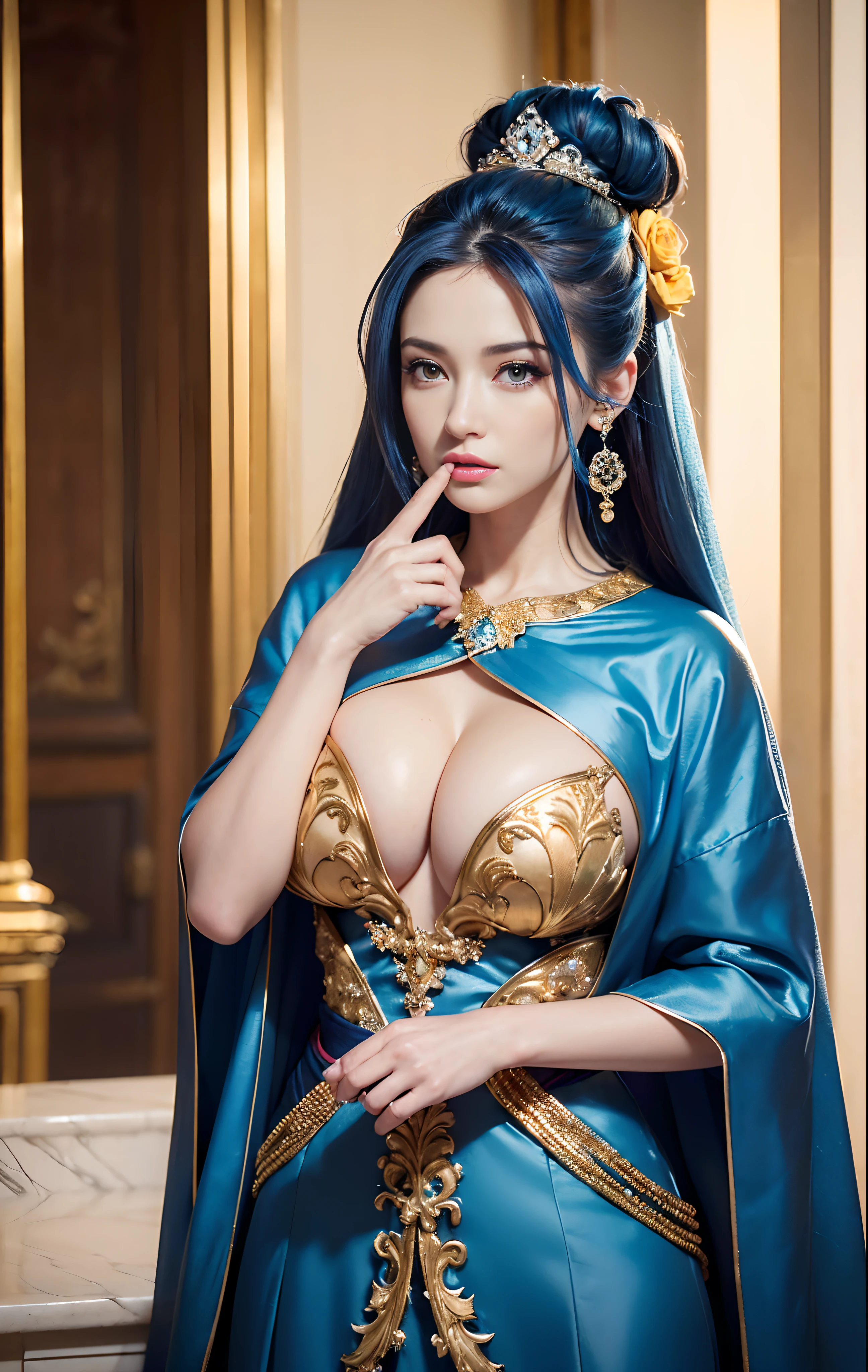 ((realisticity: 1.2)), ((realistic: 8K UHD)), ((best resolution: 8K UHD)), hyper detailed, best quality,masterpiece,highres,cg, ((1 girl hyper detailed and hyper realistic) ) , ((beautiful queen, hyper realistic and hyper detailed)),((white skin, beautiful, smooth, youthful, hyper realistic and hyper detailed )), ((Face hyper beautiful, white, hyper realistic and hyper detailed ) ), long hair, ((hyper realistic and hyper detailed dress)), solo, ((hyper realistic, hyper beautiful, beautiful and hyper detailed jewelry)), ((hyper beautiful deep red and golden yellow dress, hyper realistic and hyper detailed )) , ((Her pretty, hyper realistic, hyper detailed diamond filled earrings)), ((Her gorgeous diamond haircut, hyper realistic and hyper detailed)), ((hyper pretty upper body, hyper beautiful, hyper realistic and hyper detailed) ), ((medium breast: 1.1)), ((hyper realistic, hyper pretty, hyper detailed boobs)), ((the backgroun of the royal palace is hyper majestic, hyper realistic and hyper detailed)),((hands and palms hyper beautiful, hyper detailed, hyper realistic)), ((hyper detailed and hyper realistic fingers and fingernails)), ((hyper pretty fingernails, hyper vivid, hyper detailed, hyper realistic)), ((thumb, index finger, middle finger, ring finger, little finger hyper vivid, hyper pretty, hyper detailed, hyper realistic)), ((hyper beautiful fingers, hyper detailed, and hyper realistic)), ((posture not too fat and not too thin, hyper realistic, hyper detail)), ((hyper pretty, hyper pretty, hyper realistic and hyper detailed hair bun)), ((hyper pretty , hyper realistic and hyper detailed blue hair)), candid, Photo, high resolution, 8k , bokeh,