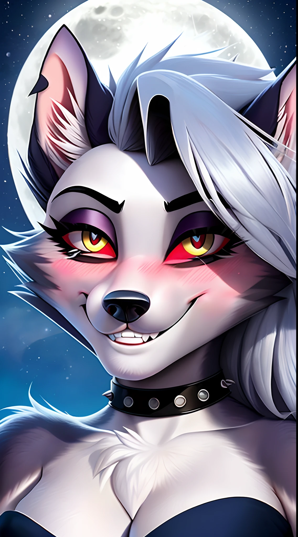 Von iskra, von wolfy-nail, Helluva Boss, Loona Hellhound, Loona, Loona from Helluva Boss, weiblich, (detailliert), Ansicht des Betrachers, flauschig, niedlich schauend, verlegend schauend, (((at night))), (((slight blushing))), (((cute smile))), (((full moon ))), happy, detailliert, (((detailed eyes))), looks happy, Blick auf den Betrachter, (detailliert), flauschig, high resolution, fotorealistisch, detailliertes Fell, beautiful, (((masterpiece))), (((best quality))), detailled image, ((reflective lighting)), ((detailed shading)), (((only headshot))), (((headshot)))
