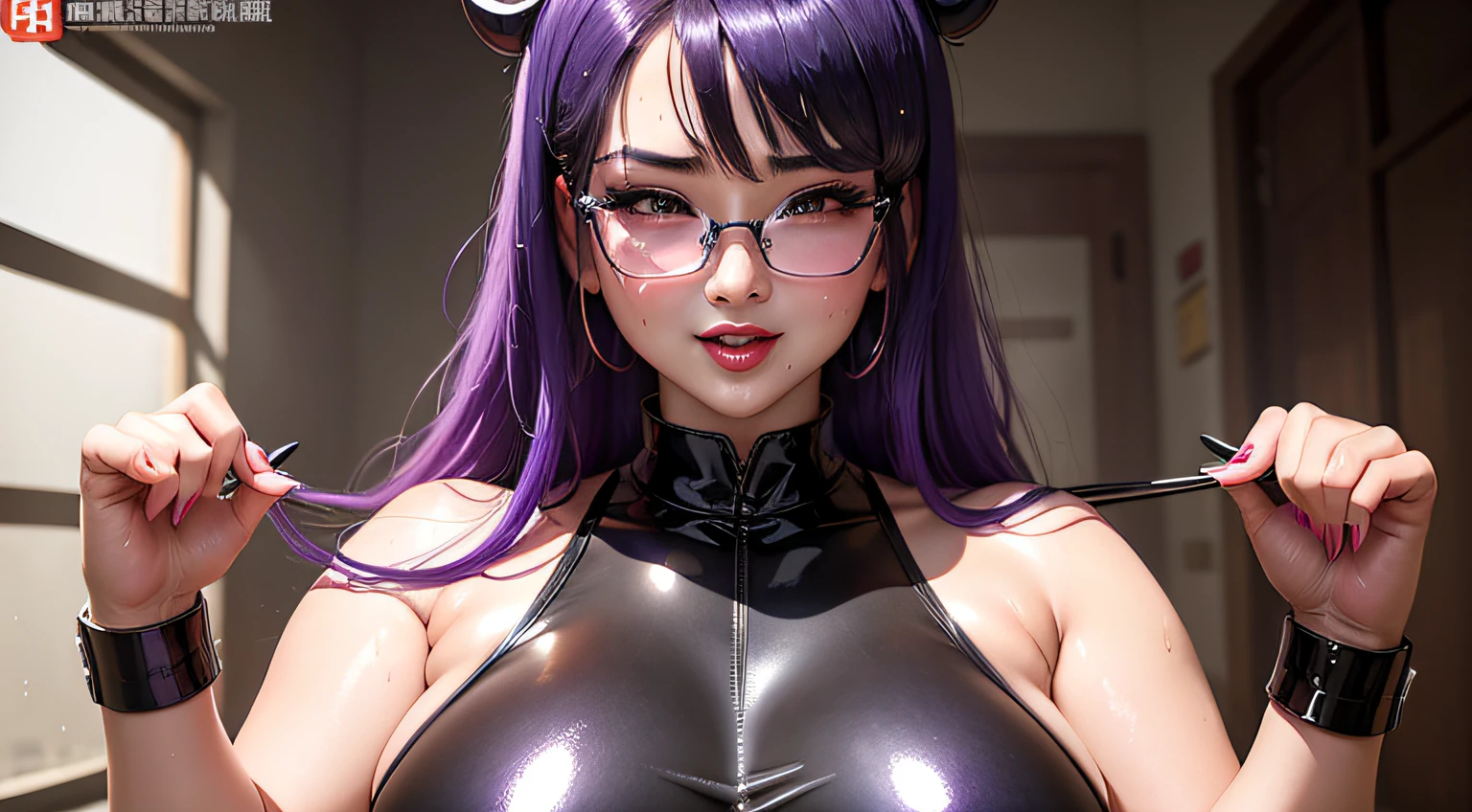 Chinese Idol Glossy enamel black dress Purple hair eye glass bangss Flushed cheeks Sexy and naughty smile bbw Muchimuchi huge tit full of sweat ((Copious sweat flows)) ((sweaty and shiny skin)) Beautiful armpits Sexy actress bright red lips Portrait Inside the steamy prison