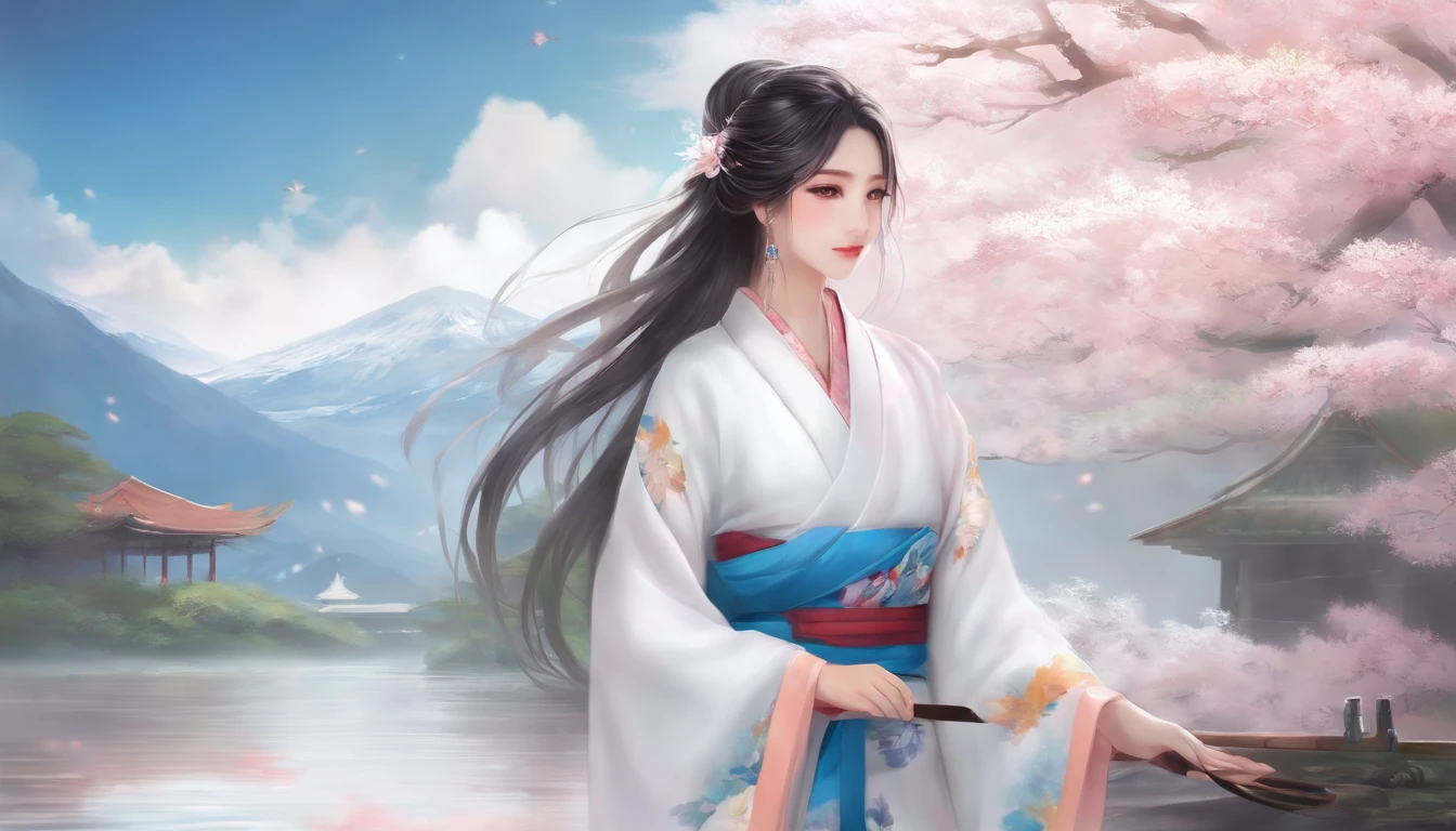 A masterpiece with the highest image quality and a master level work,Eyes white, hair blue, long hair, white clouds with a rainbowWearing a kimono, a Japanese woman stood with a blush on her faceEyes shyly looking ahead, Japanese anime styleWallpaper type
