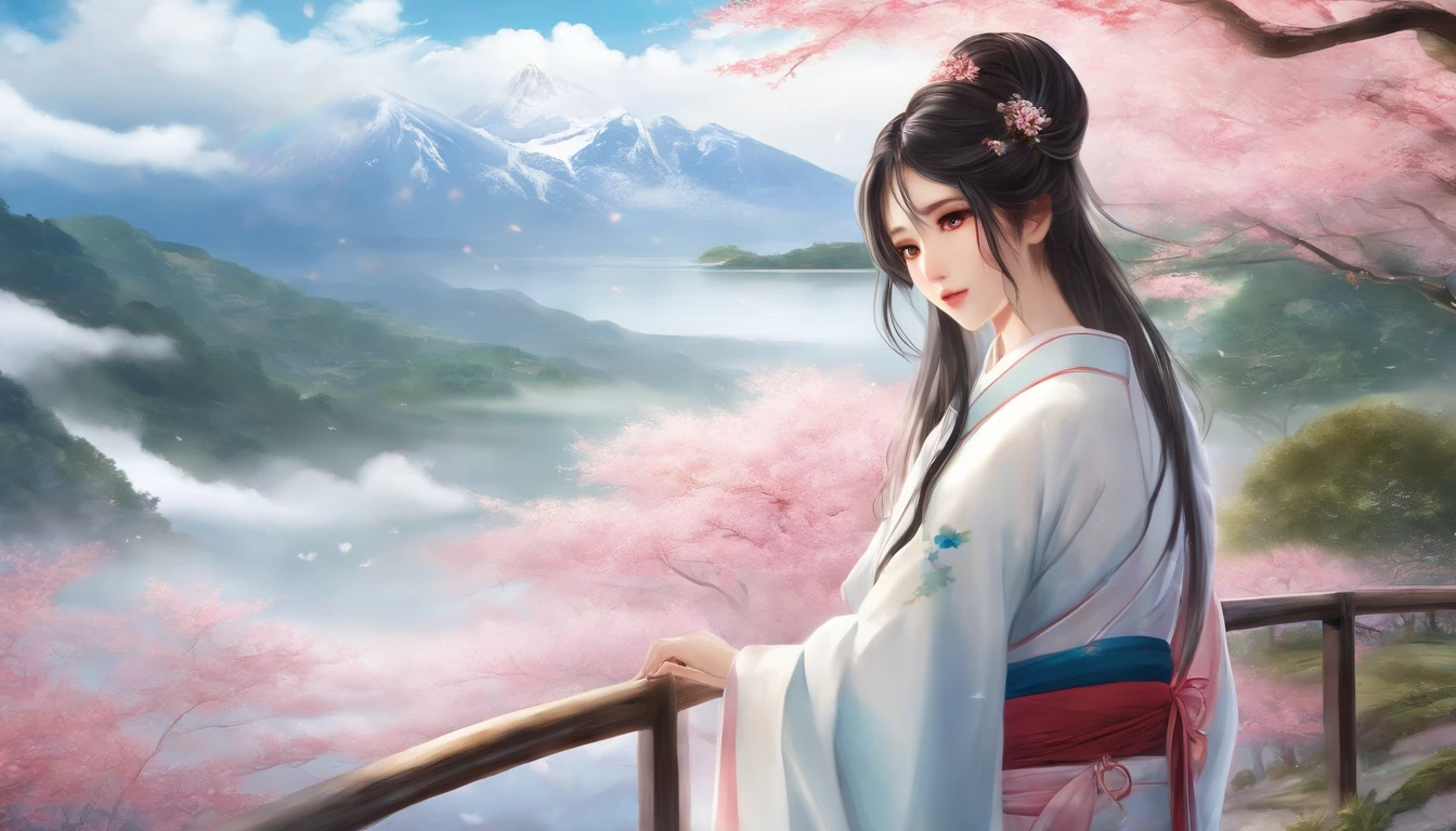 A masterpiece with the highest image quality and a master level work,Eyes white, hair blue, long hair, white clouds with a rainbowWearing a kimono, a Japanese woman stood with a blush on her faceEyes shyly looking ahead, Japanese anime styleWallpaper type