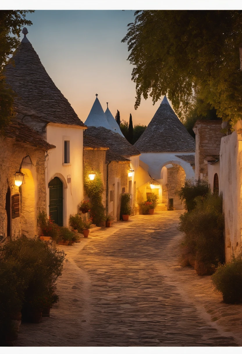 illustration:10, masterpiece,best quality,Alberobello town, Italy,evening sun, houses, trees, lights, stone paths, streetslora:watercolorStylev10:035EasyNegative