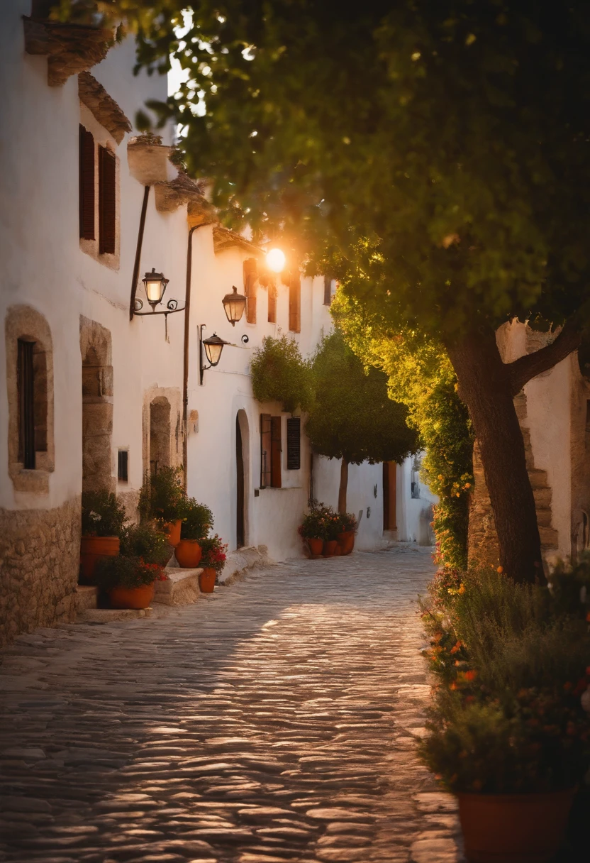 illustration:10, masterpiece,best quality,Alberobello town, Italy,evening sun, houses, trees, lights, stone paths, streetslora:watercolorStylev10:035EasyNegative
