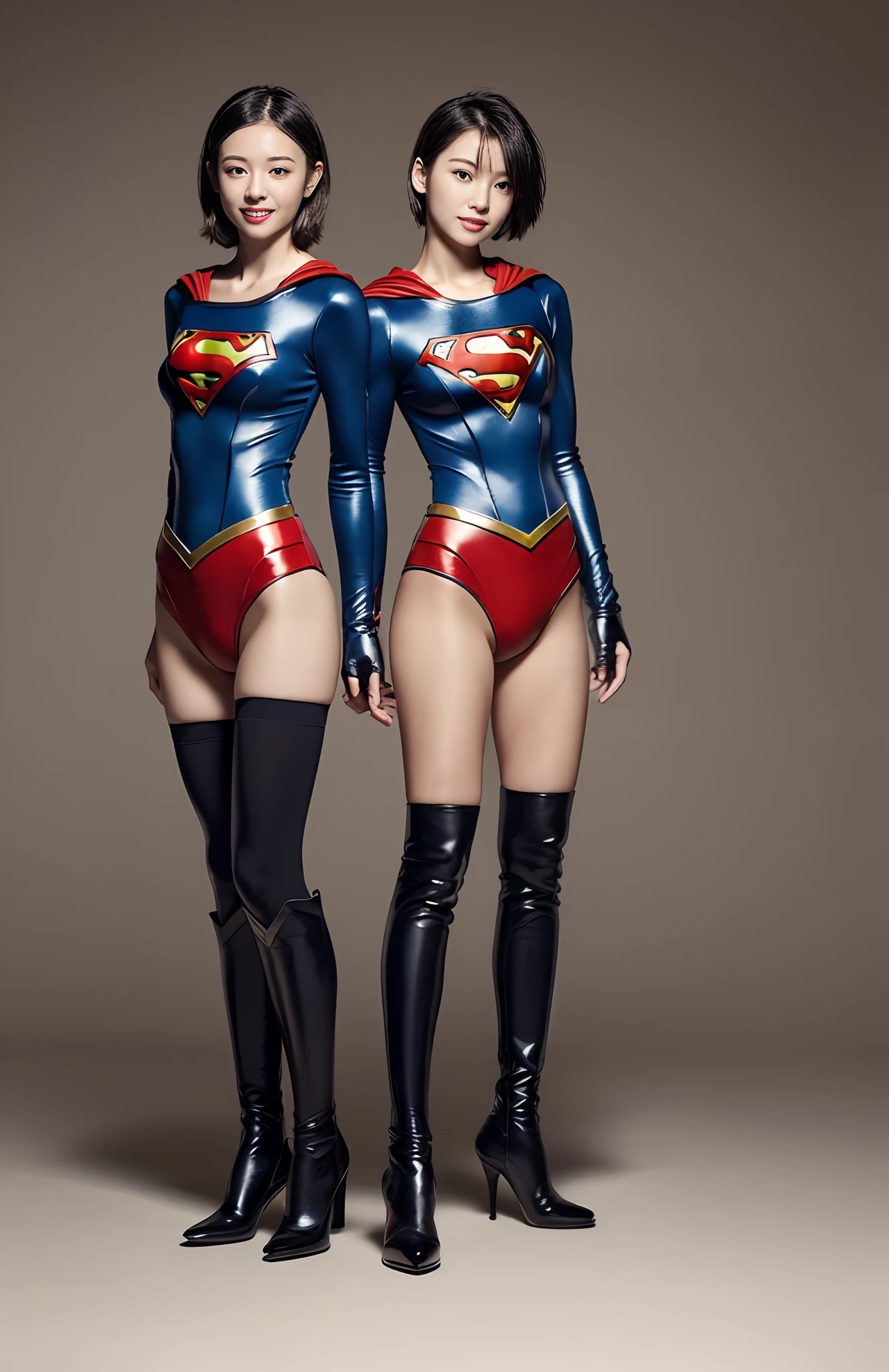 Be sure to wear black tights、(((Make the most of the original image)))、(((Supergirl Costume)))、(((shiny short hair)))、(((Suffering)))、(((Feet must necessarily be worn with black tights)))、(((Smile)))、(((You need to wear red boots)))、((Top image quality、8K))、((top-quality、8K、masterpiece:1.3))、(((Keep your background simple)))、Crisp focus:1.2、Beautiful woman with perfect body shape:1.4、Slender Abs:1.2、a wet body:1.5、Highly detailed facial and skin texture、