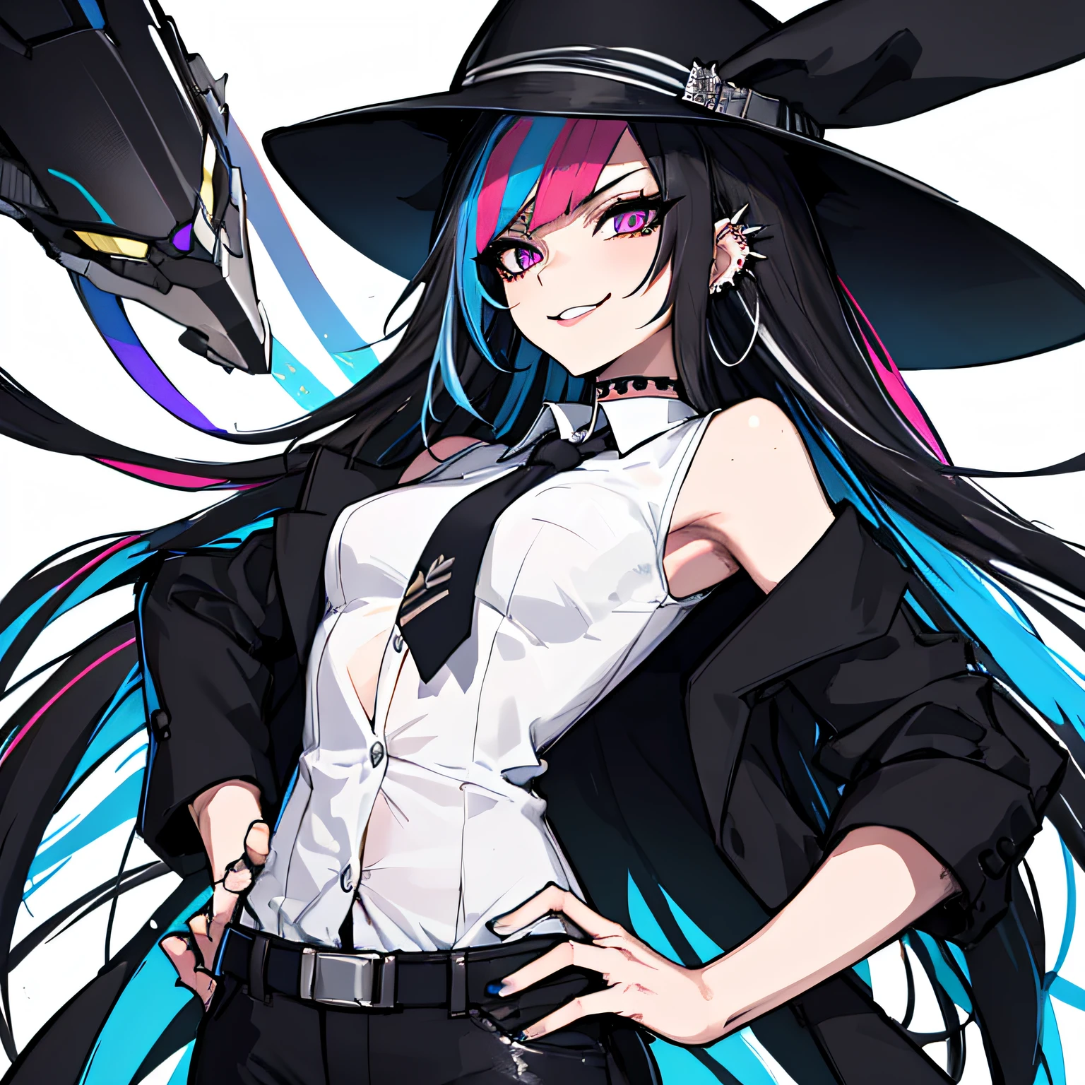 (absurdres, 8k, 4k, masterpiece, hyper extreme detailed:1.2), solo, 1girl, front view, perfect face, 1girl, portrait, expressive eyes, solo, standing, Female, perfect hands, pale skin, friendly, excited, punk rock, Long Hair, Multicolored Hair, black choker, black lipstick, Piercings, Ear Piercings, Lip Piercings, Nose Piercings, small Bust, smile, suit, business attire, suit pants, white collar shirt, unbuttoned, blazer, tie, vest, fedora, cuffs, handkerchief, half body, perfect anatomy, hands on hips, cuffs, anatomically correct, cowboy shot, no background, empty background, arms behind back, covered chest, white background, exposed shoulder,