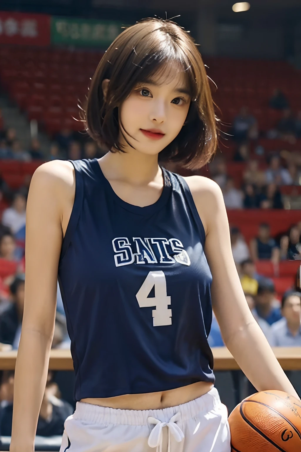 high detal,8K分辨率,超高分辨率,A young and beautiful girl,cute girly,shoulder-length short hair,Colorful clear eyes,Smooth hair,鎖骨,Exquisite and perfect facial features,the most beautiful big eyes,long eyelasher,The eyes are sweet and there are lying silkworms,ssmile,dynamic angle,extreme picture quality,Highest accuracy,Precise and perfect human anatomy,(Basketball jerseys),Sport Tank Top,Open navel,Pronounced abdominal lines,basketball ball,Sports hot shorts,Stand up,Seven-doppelganger shot,gym
