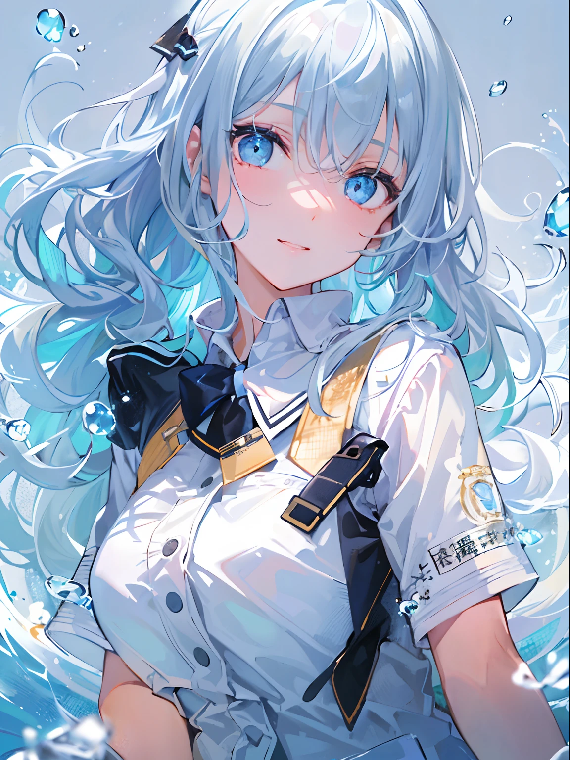 ((top-quality)), ((​masterpiece)), ((ultra-detailliert)), (extremely delicate and beautiful), girl with, 独奏, cold attitude,((Black jacket)),She is very(relax)with the(Settled down)Looks,A dark-haired, depth of fields,evil smile,Bubble, under the water, Air bubble,bright light blue eyes,Inner color with light white hair and and light blue tips,Cold background,Bob Hair - Linear Art, shortpants、knee high socks、White uniform like school uniform、Light blue ribbon ties、Clothes are sheer、Hands in pockets、Bright eyes like sapphires,flourescent blue, There was a little blue light floating around、Upper eyes、