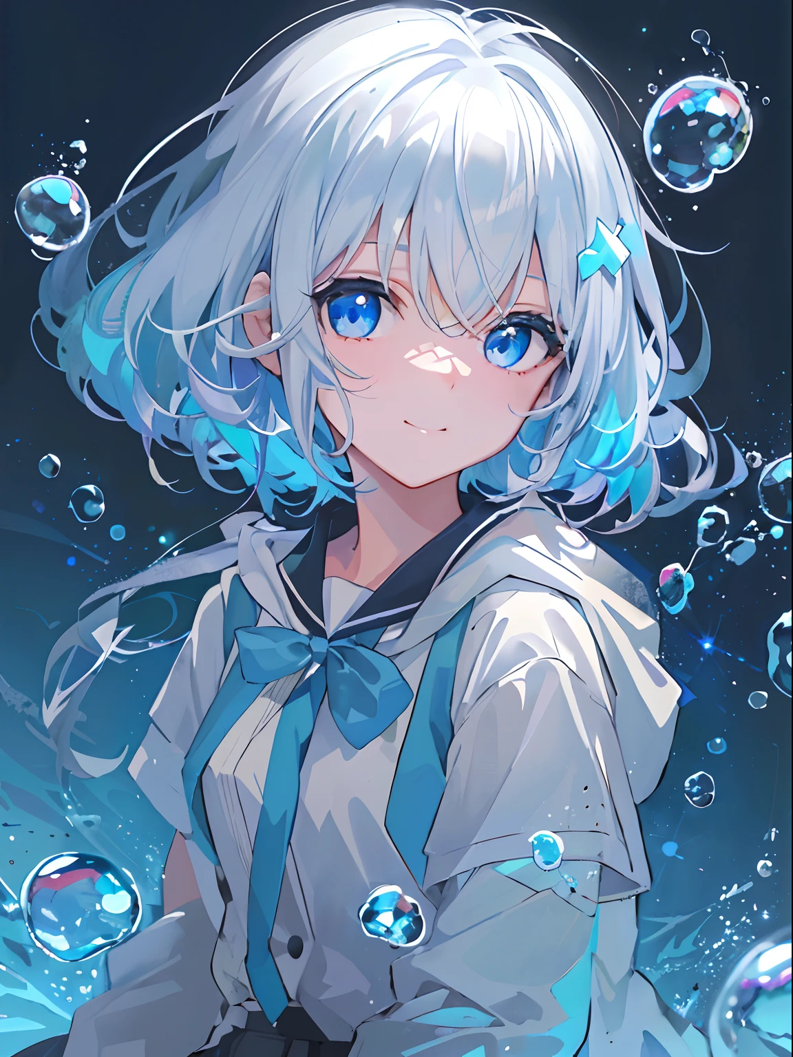 ((top-quality)), ((​masterpiece)), ((ultra-detailliert)), (extremely delicate and beautiful), girl with, 独奏, cold attitude,((Black jacket)),She is very(relax)with the(Settled down)Looks,A dark-haired, depth of fields,evil smile,Bubble, under the water, Air bubble,bright light blue eyes,Inner color with light white hair and and light blue tips,Cold background,Bob Hair - Linear Art, shortpants、knee high socks、White uniform like school uniform、Light blue ribbon ties、Clothes are sheer、Hands in pockets、Bright eyes like sapphires,flourescent blue, There was a little blue light floating around、Upper eyes、