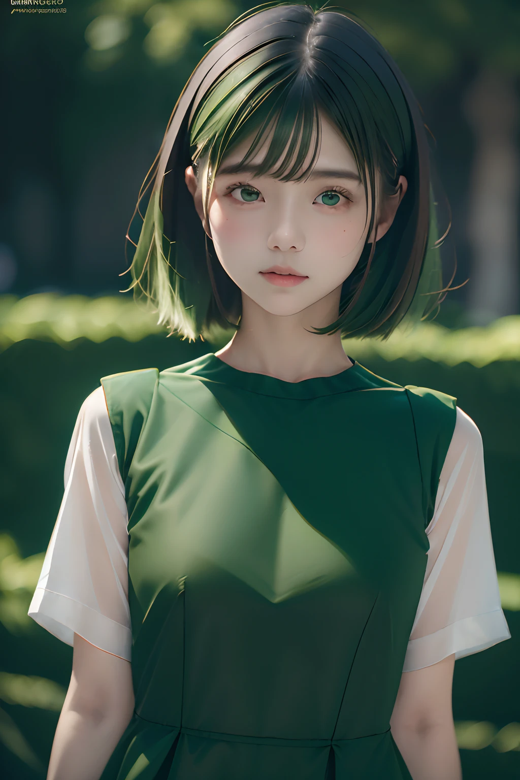 Best Quality, masutepiece, High resolution, (((1girl in))), ,((Dark Green Block Dress,White Shirt Inner:1.3)), Tindall Effect, Realistic, Shadow Studio, Rim lighting, dual-tone lighting, (High Detail Skins: 1.2) Digital SLR, Photo, High resolution, 4K, 8K, Background blur,Fade out beautifully