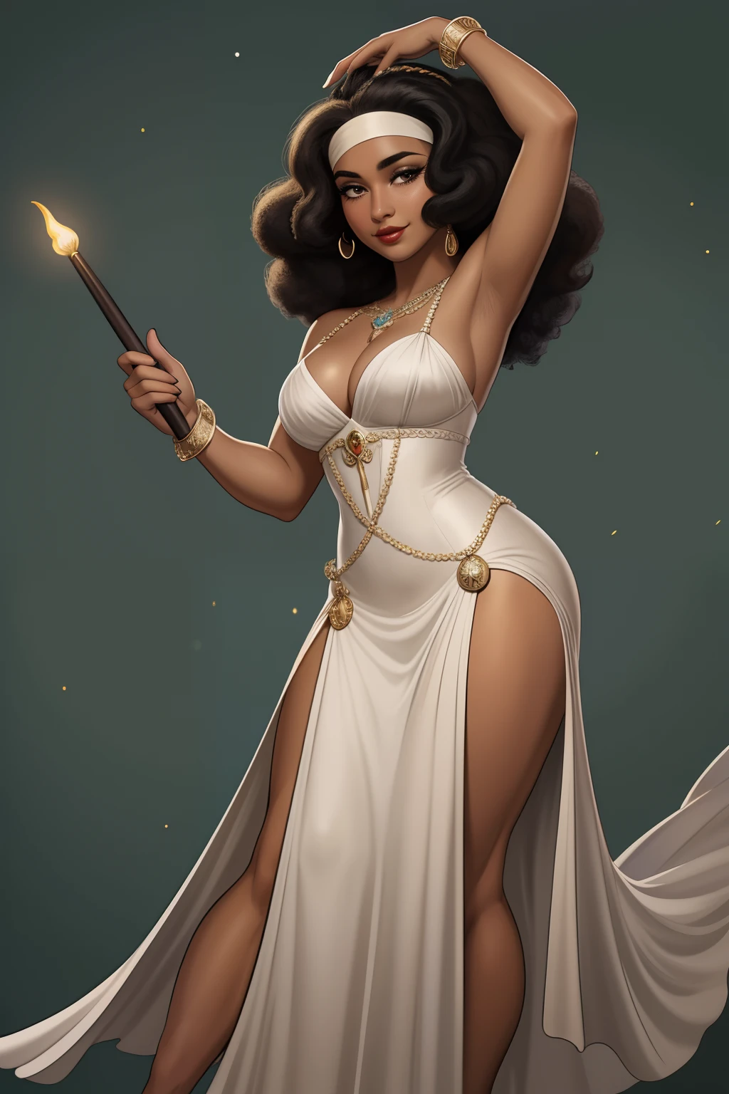 Araffe's wife in a flappper costume holding a wand and wearing a headband, melindrosa, Anos 20, fantasia, Traje de alta qualidade, rugindo vinte anos, 1920s vibes, 1 9 2 0 s estilo pano, Era do Jazz, saia preta curta, 1 9 2 0 s estilo, Estilo dos anos 1920 uma mulher negra, mulata, morena, imagem de ,corpo inteiro, cabelo afro caindo para a frente, Rasta type but braided,