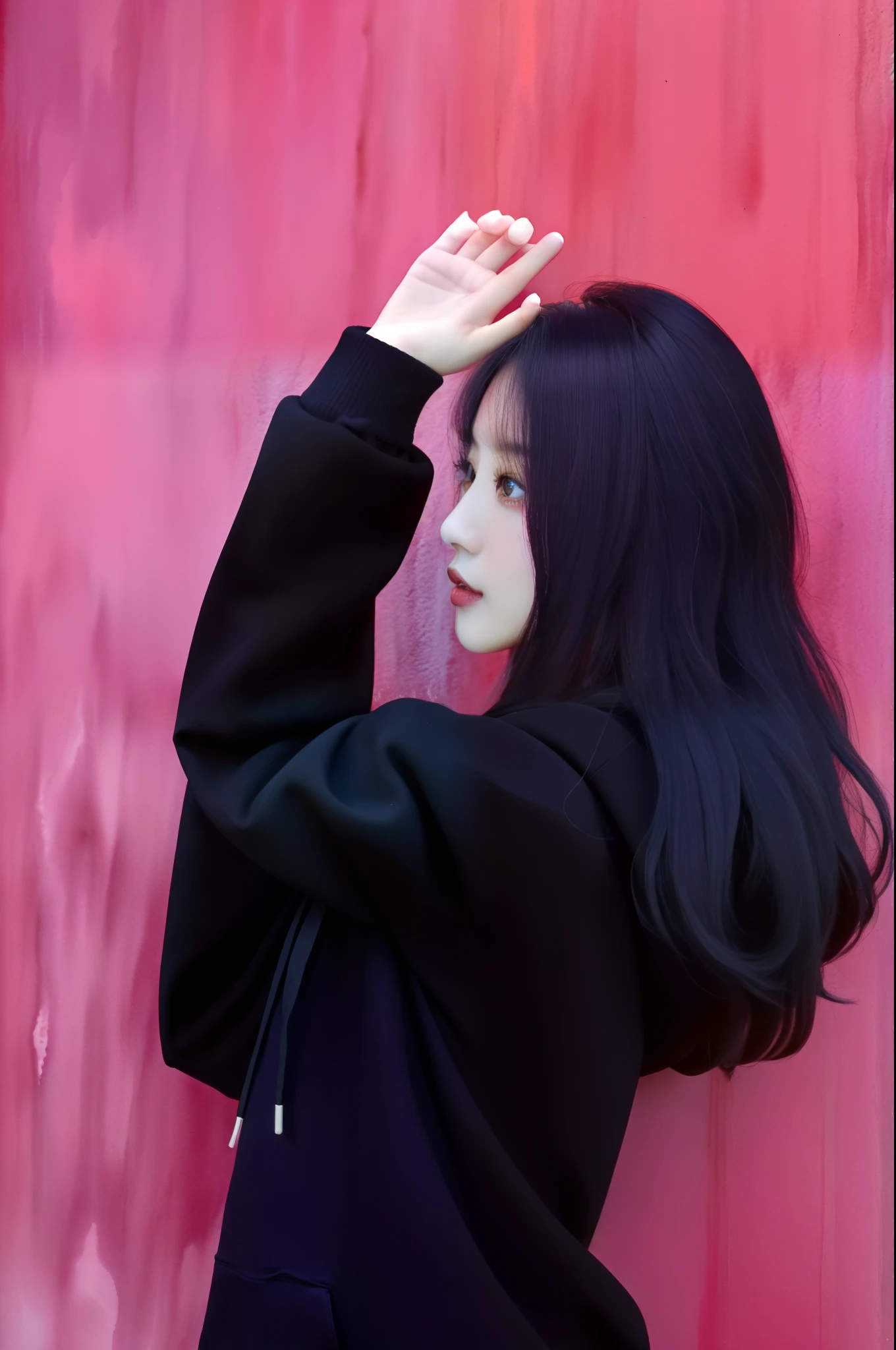 hyper HD,Photoquality,8K,A beautiful Chinese girl,Stand sideways in front of the red wall,cabelos preto e longos,Melon seed face,Big waves,largeeyes,black hoodie,White skin of the,lips in red,Colorful watercolor style