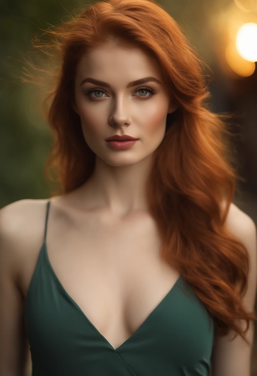 professionnel, (Photo 4K:1.1) (mise au point nette:1.3), High detail, Porter (Chemise moulante:1.2), beautifull detailed face, An attractive woman with long red hair looks at the camera, resembling actress Katherine McNamara, Panasonic Lumix S Pro 50mm F/1.4, , photo realist, (attractive young woman:1.3), (Seductive:1.1), (rougissant:1.1), Forme du corps du sablier, Gros seins ronds, ass underlined, Accentuated ass, Rear shot, Porter une mini-jupe, corps entier, longues jambes