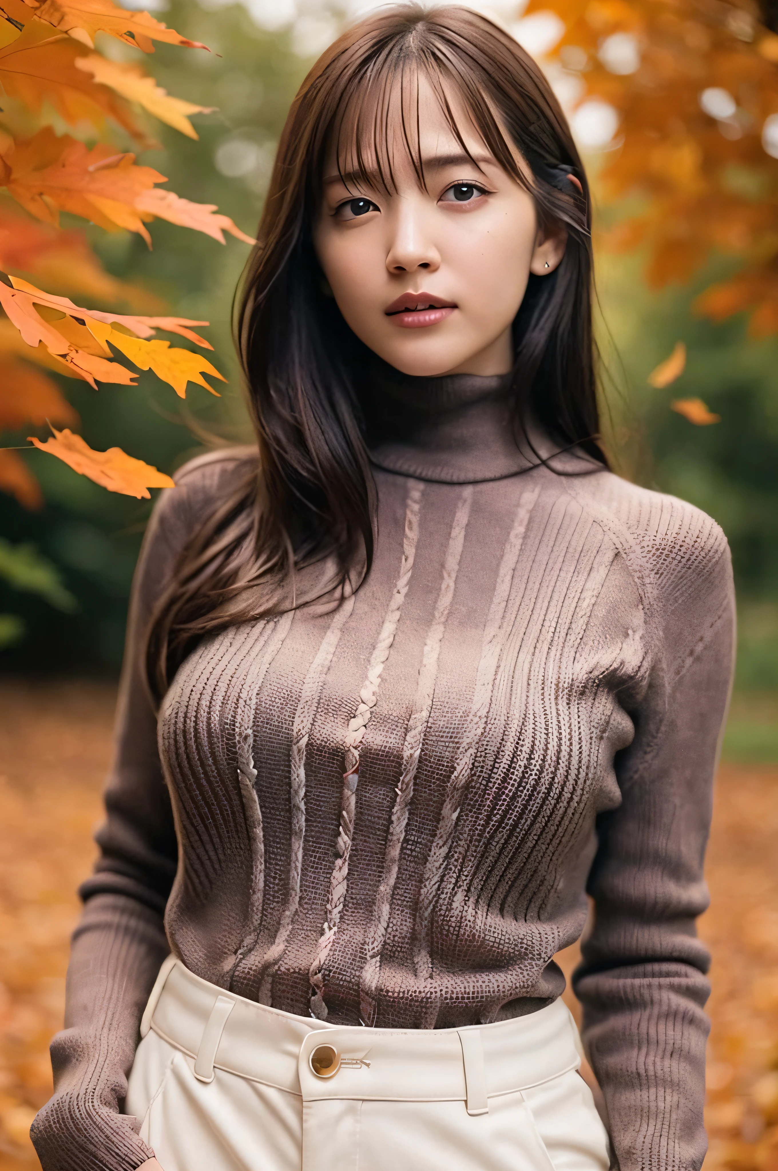 1girl,wearing a turtleneck sweater(RAW photo, best quality), (realistic, photo-realistic:1.4), masterpiece, an extremely delicate and beautiful, extremely detailed, 2k wallpaper, Amazing, finely detail, extremely detailed CG unity 8k wallpaper, ultra-detailed, highres, soft light, beautiful detailed girl, extremely detailed eyes and face, beautiful detailed nose, beautiful detailed eyes,cinematic lighting,autumn scenery,sunlight,perfect anatomy,slender body,full body