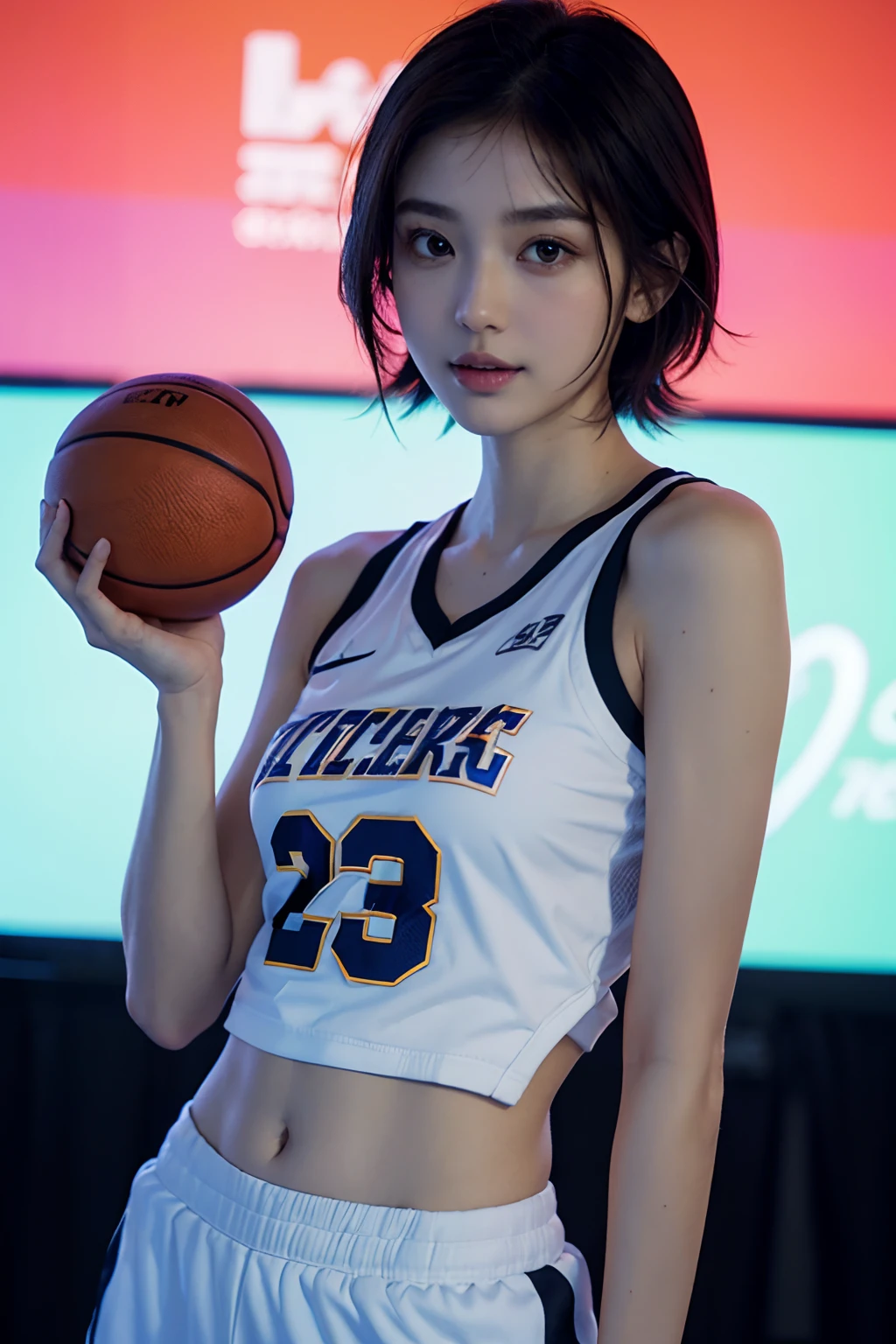 high detal,8K分辨率,超高分辨率,A young and beautiful girl,cute girly,shoulder-length short hair,Colorful clear eyes,Smooth hair,鎖骨,Exquisite and perfect facial features,the most beautiful big eyes,long eyelasher,The eyes are sweet and there are lying silkworms,ssmile,dynamic angle,extreme picture quality,Highest accuracy,Precise and perfect human anatomy,(Basketball jerseys),Sport Tank Top,Open navel,Pronounced abdominal lines,basketball ball,Sports hot shorts,Stand up,Seven-doppelganger shot,gym