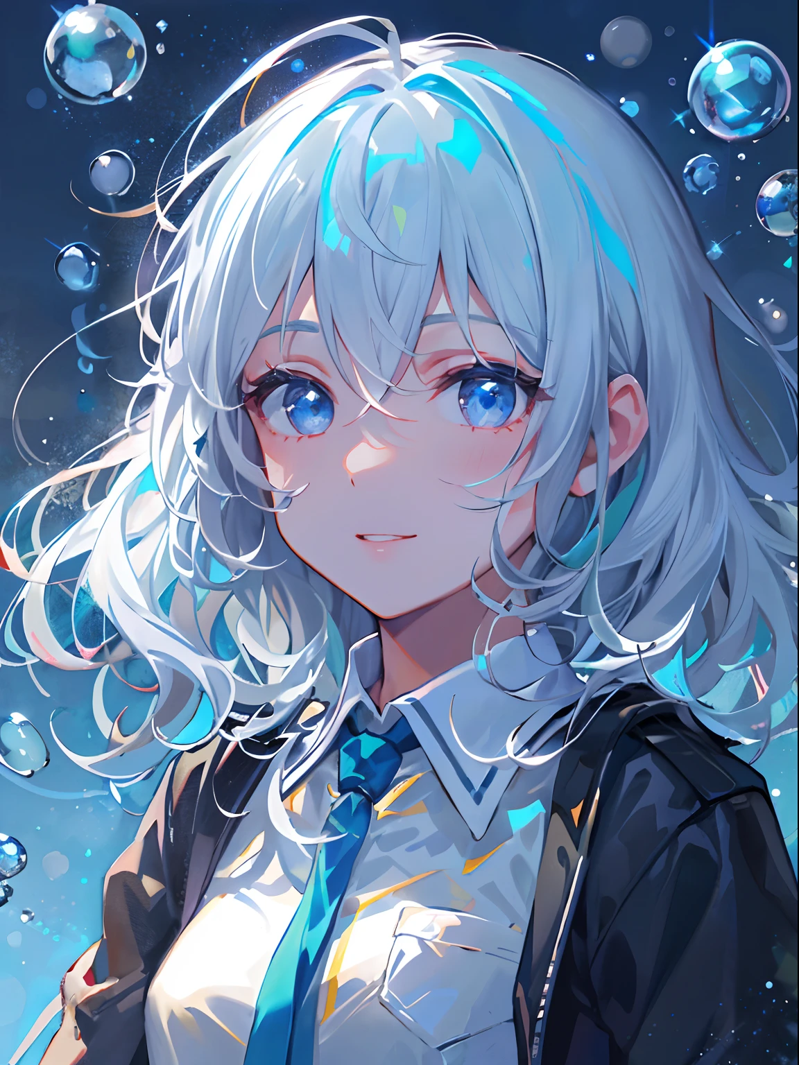 ((top-quality)), ((masterpiece)), ((ultra-detailliert)), (extremely delicate and beautiful), girl with, 独奏, cold attitude,((Black jacket)),She is very(relax)with the(Settled down)Looks,A dark-haired, depth of fields,evil smile,Bubble, under the water, Air bubble,bright light blue eyes,Inner color with light white hair and and light blue tips,Cold background,Bob Hair - Linear Art, shortpants、knee high socks、White uniform like school uniform、Light blue ribbon ties、Clothes are sheer、Hands in pockets、Bright eyes like sapphires,flourescent blue, There was a little blue light floating around、Upper eyes、