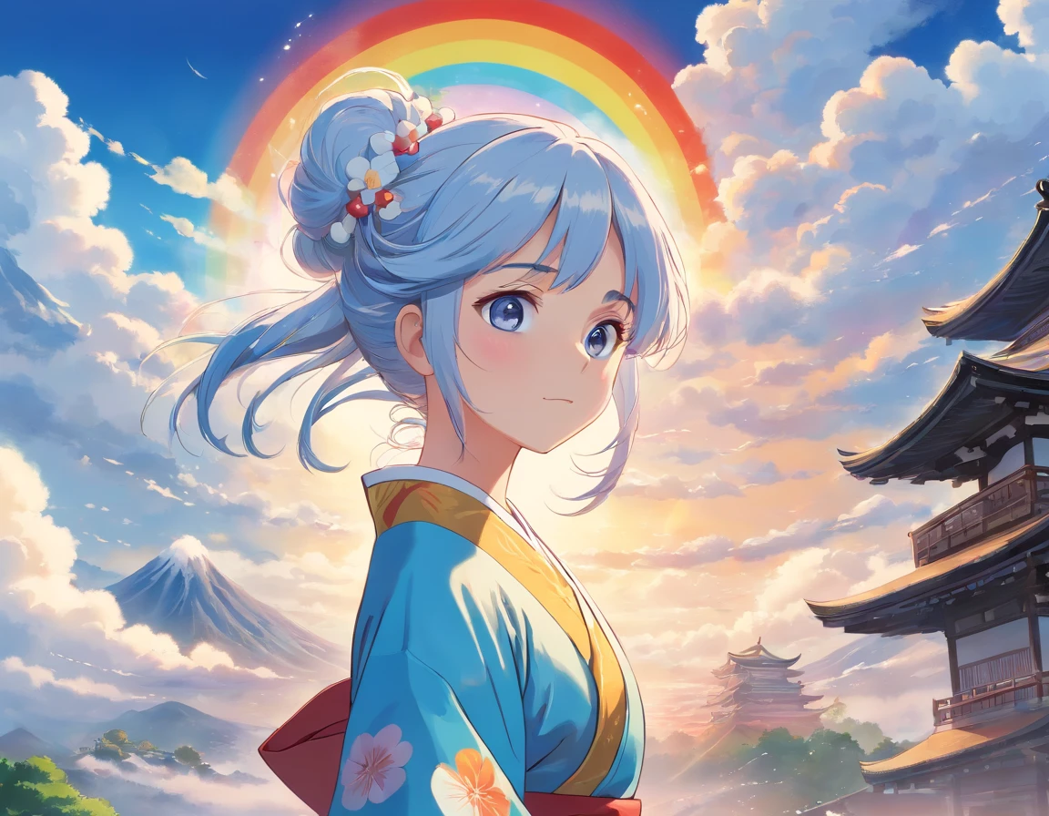 A masterpiece with the highest image quality and masterpieces,White eyes, hair blue,long whitr hair, Rainbow White Cloud wears kimono, A Japanese woman stands，His face was flushed，Eyes look forward shyly, Japanese anime style wallpaper type